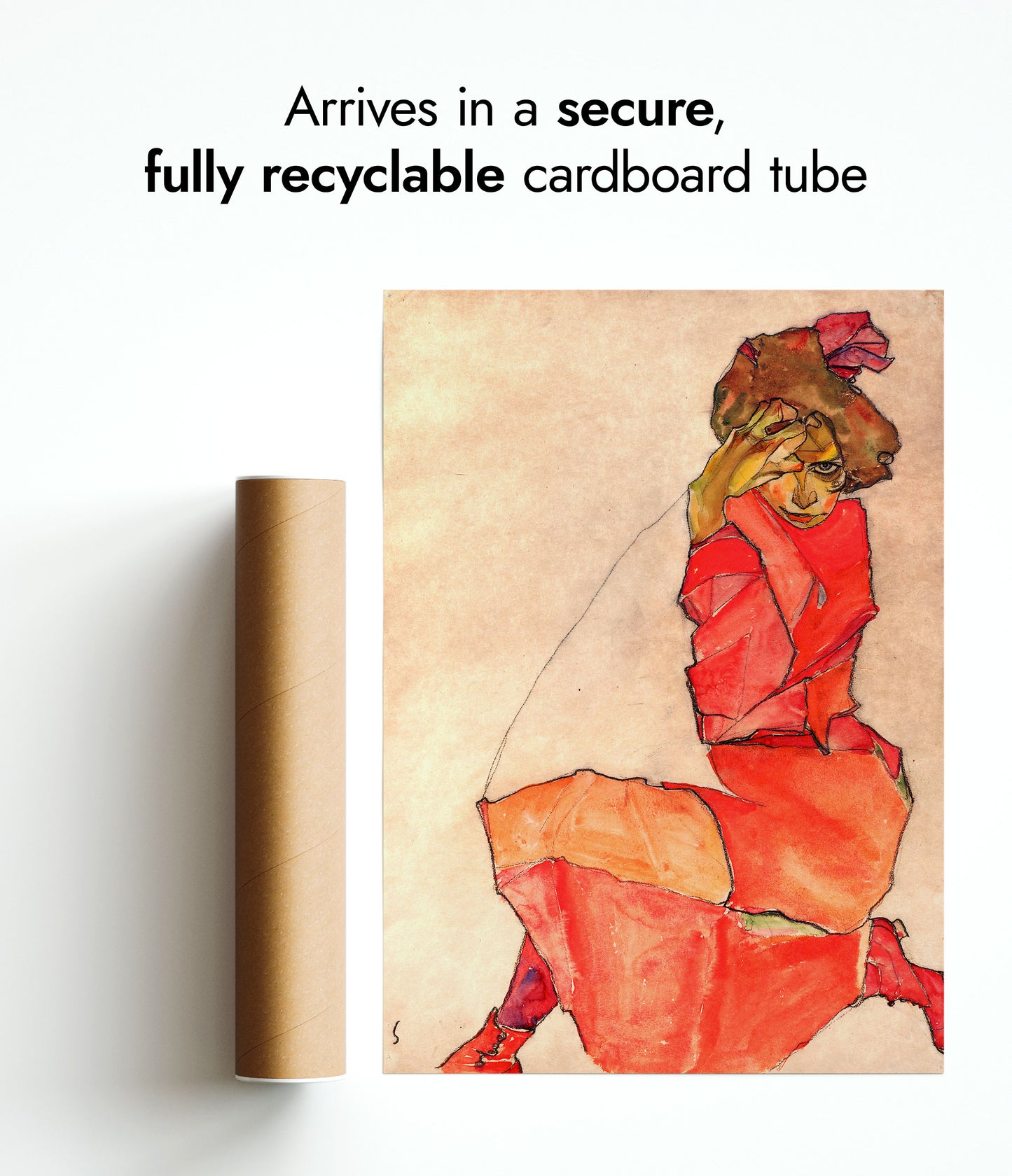 Knielende vrouw in oranje-rode jurk