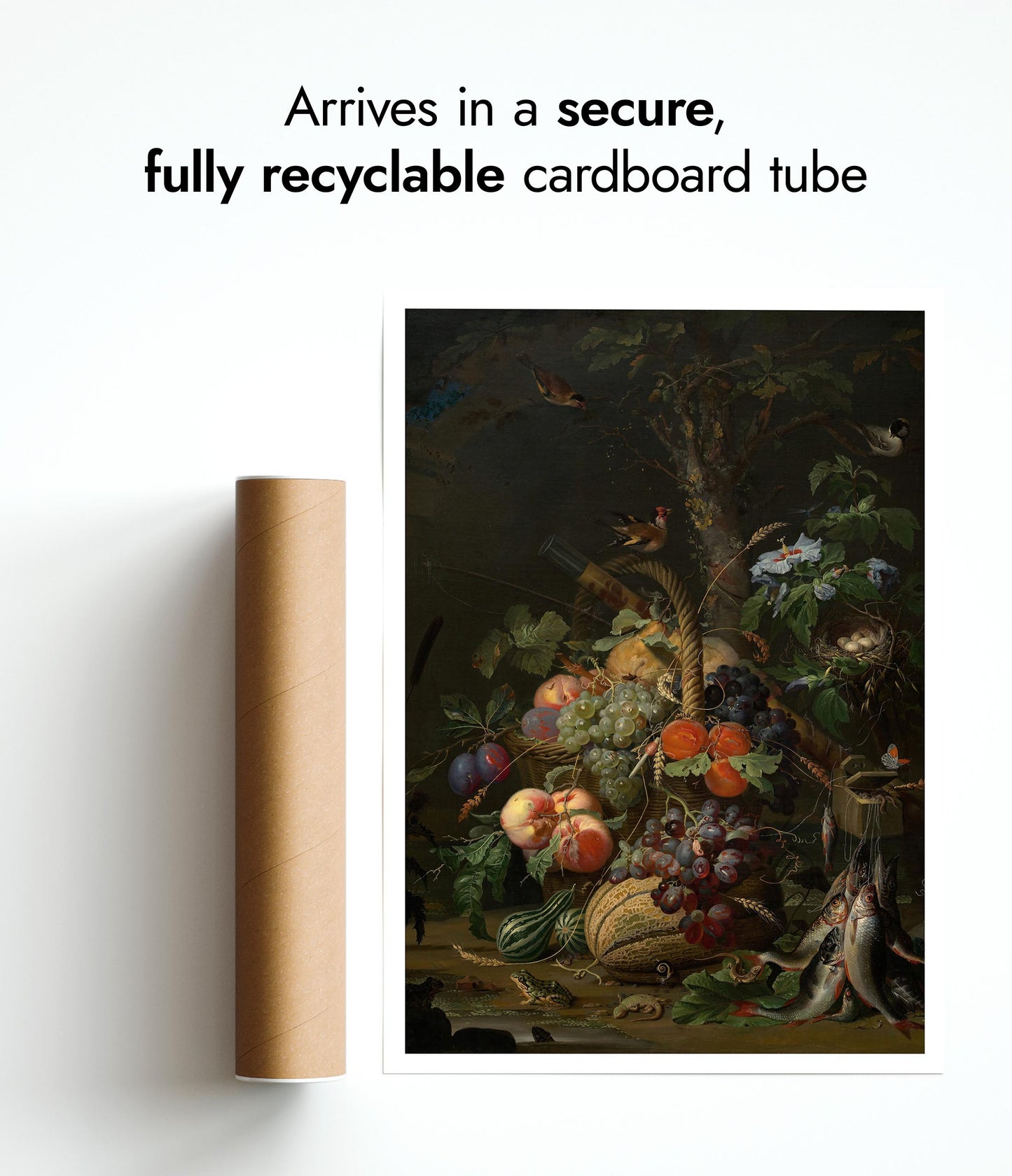 Stilleben med frukt, fisk och ett bo