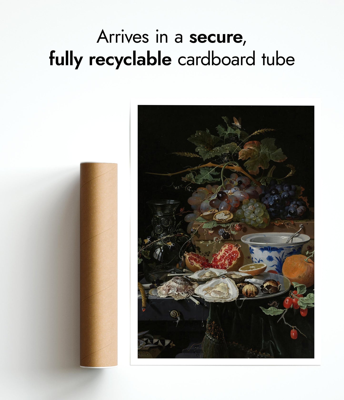 Stilleben med frukt, ostron och en porslinsskål