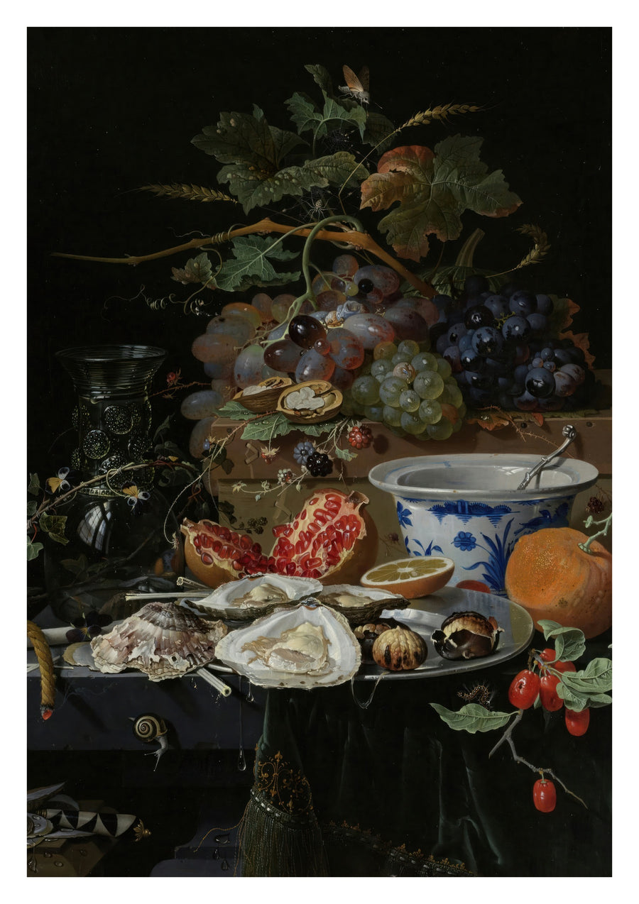 Stilleben med frukt, ostron och en porslinsskål - Print only