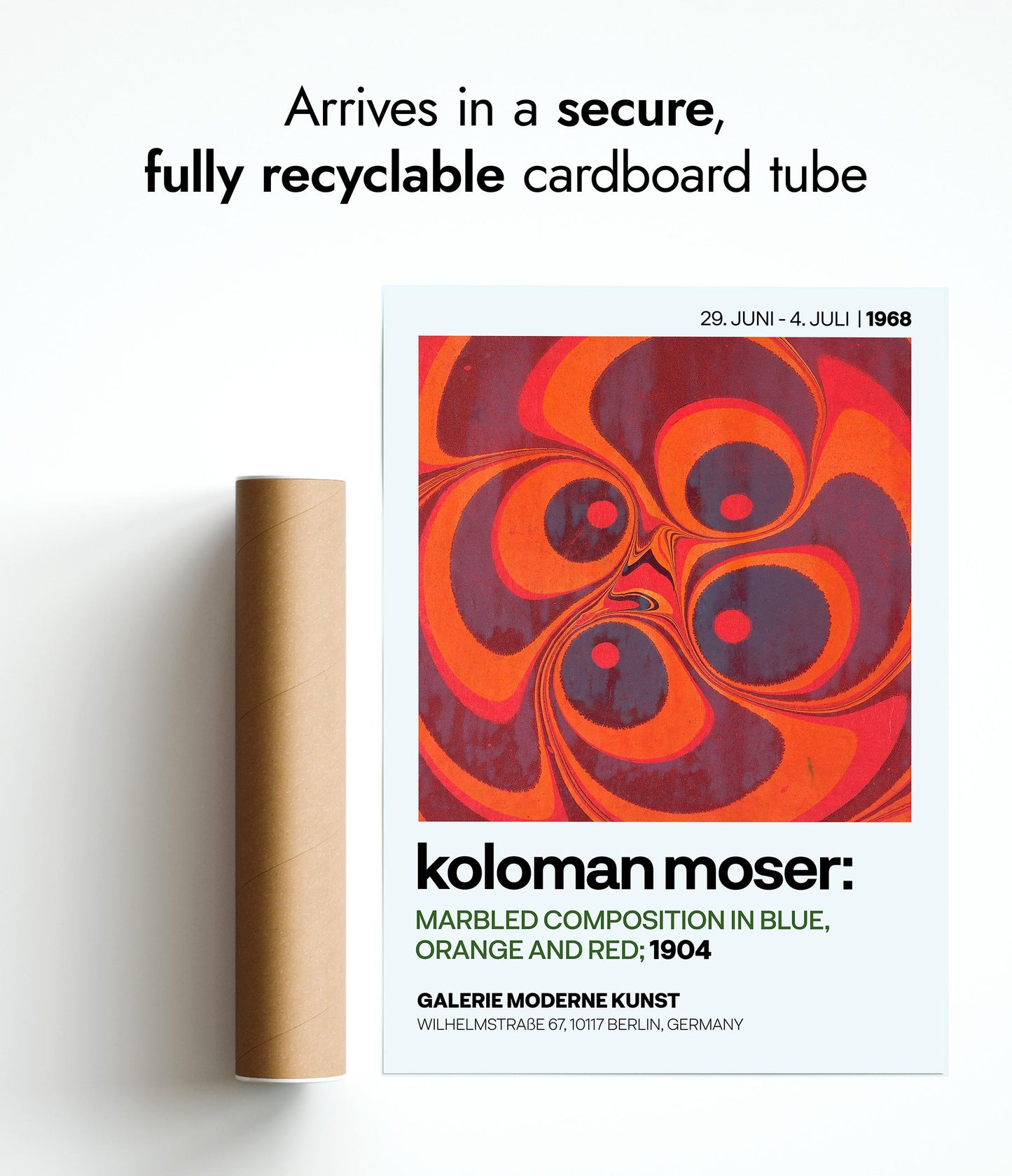 Marmorerad komposition i blått, orange och rött