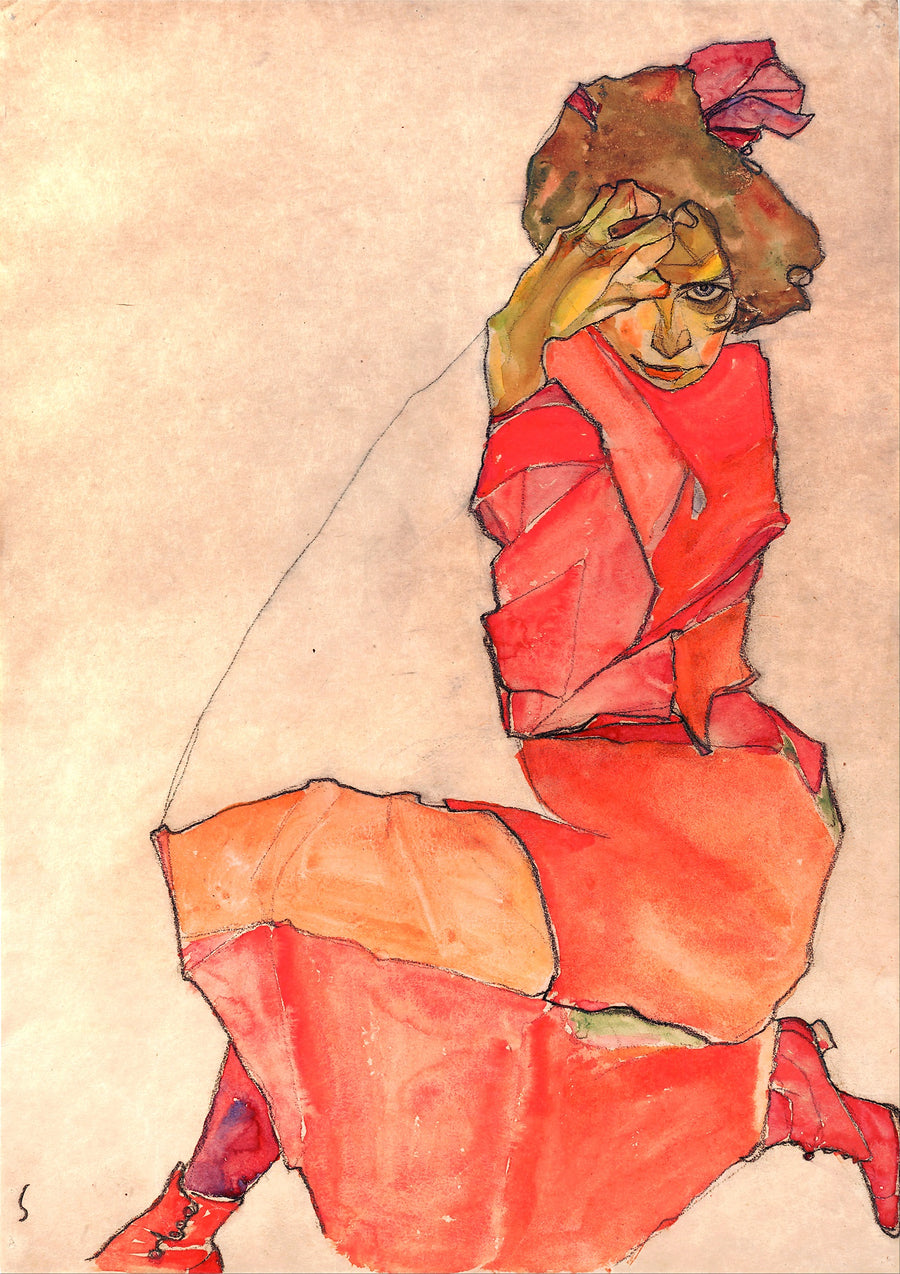 Femme agenouillée en robe orange-rouge - Print only