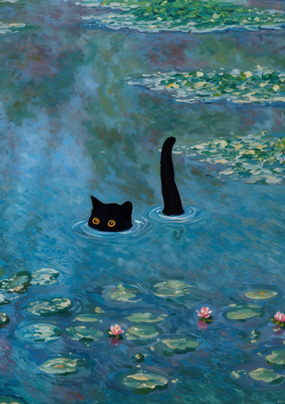 Zwarte kat tussen waterlelies