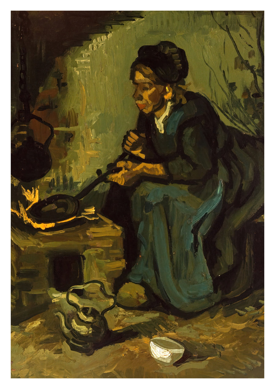 Femme paysanne cuisinant près d'une cheminée - Print only