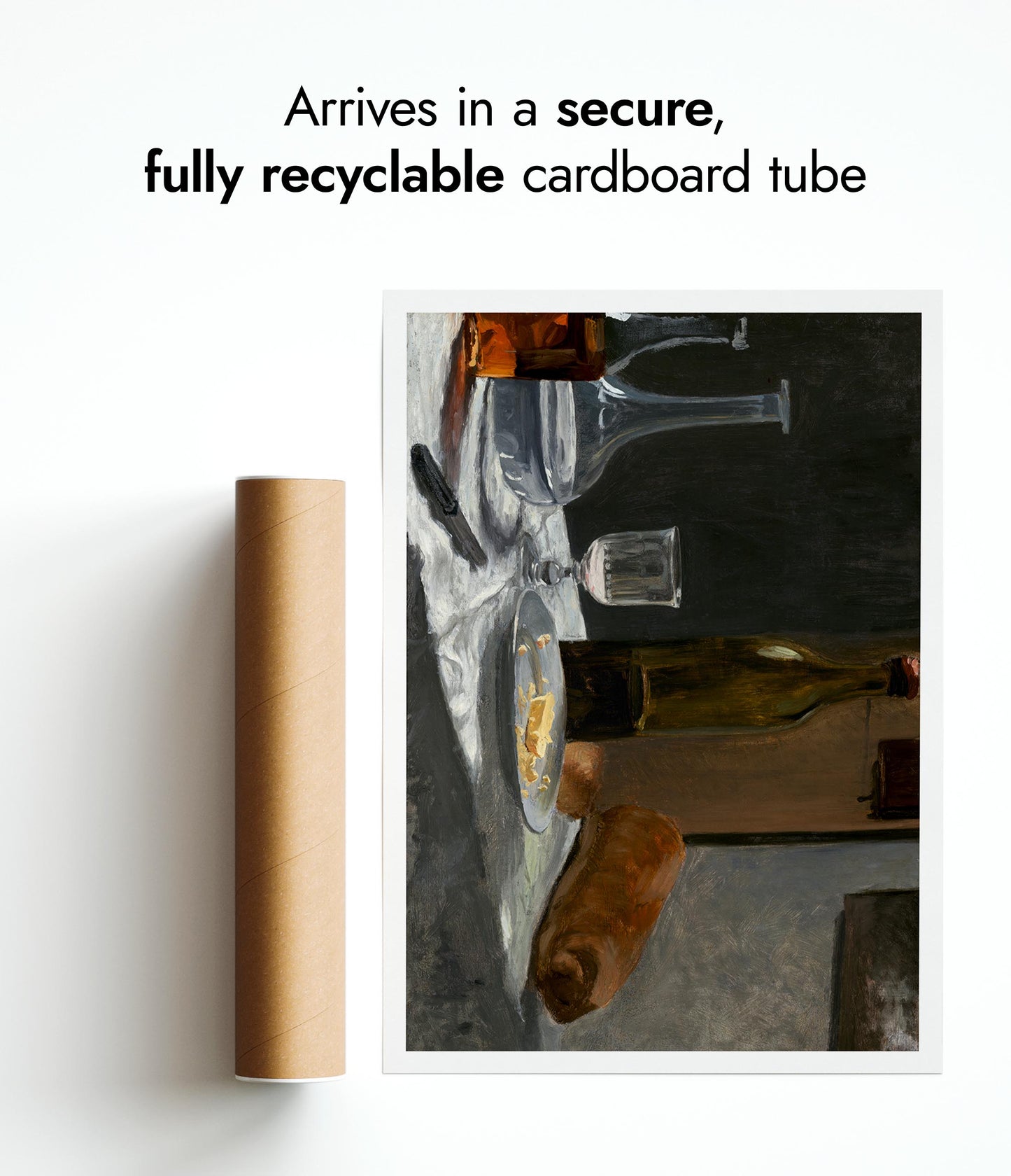 Stilleben med flaska, karaff, bröd och vin