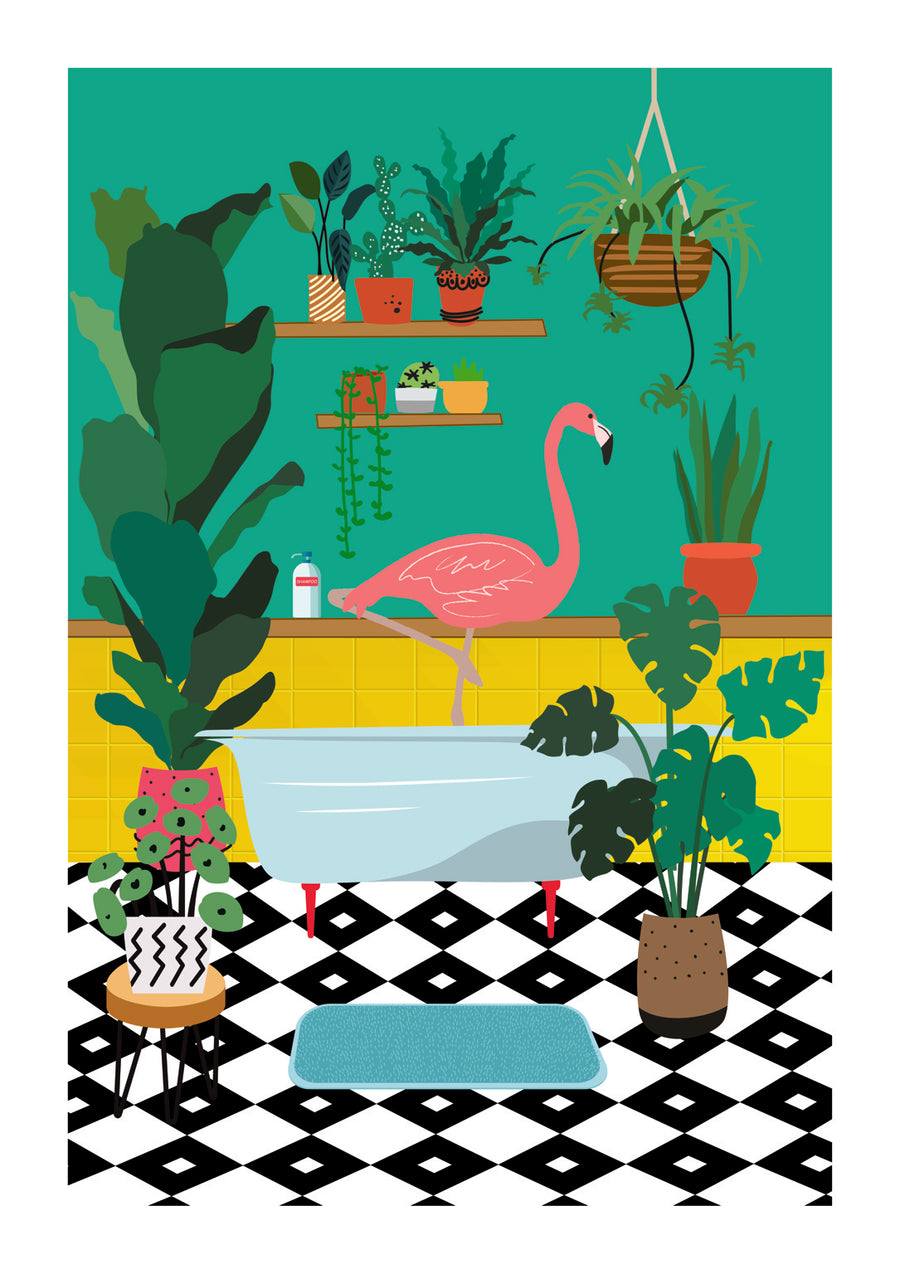 Flamingo Bathtime - Print only