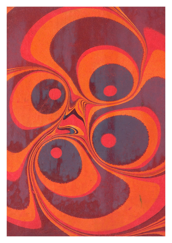 Papier marbré en bleu, orange et rouge
