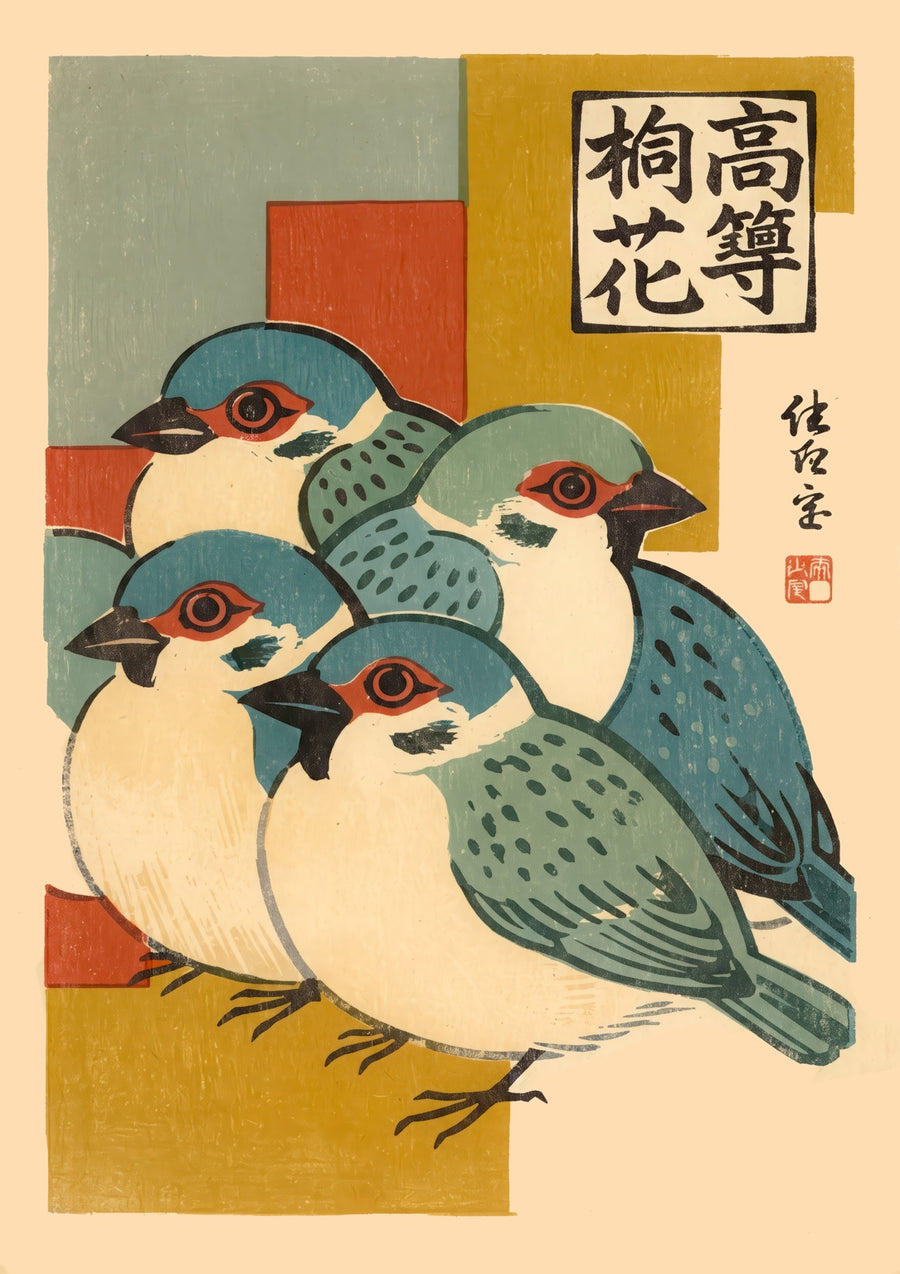 Woodblock Finches - Print only