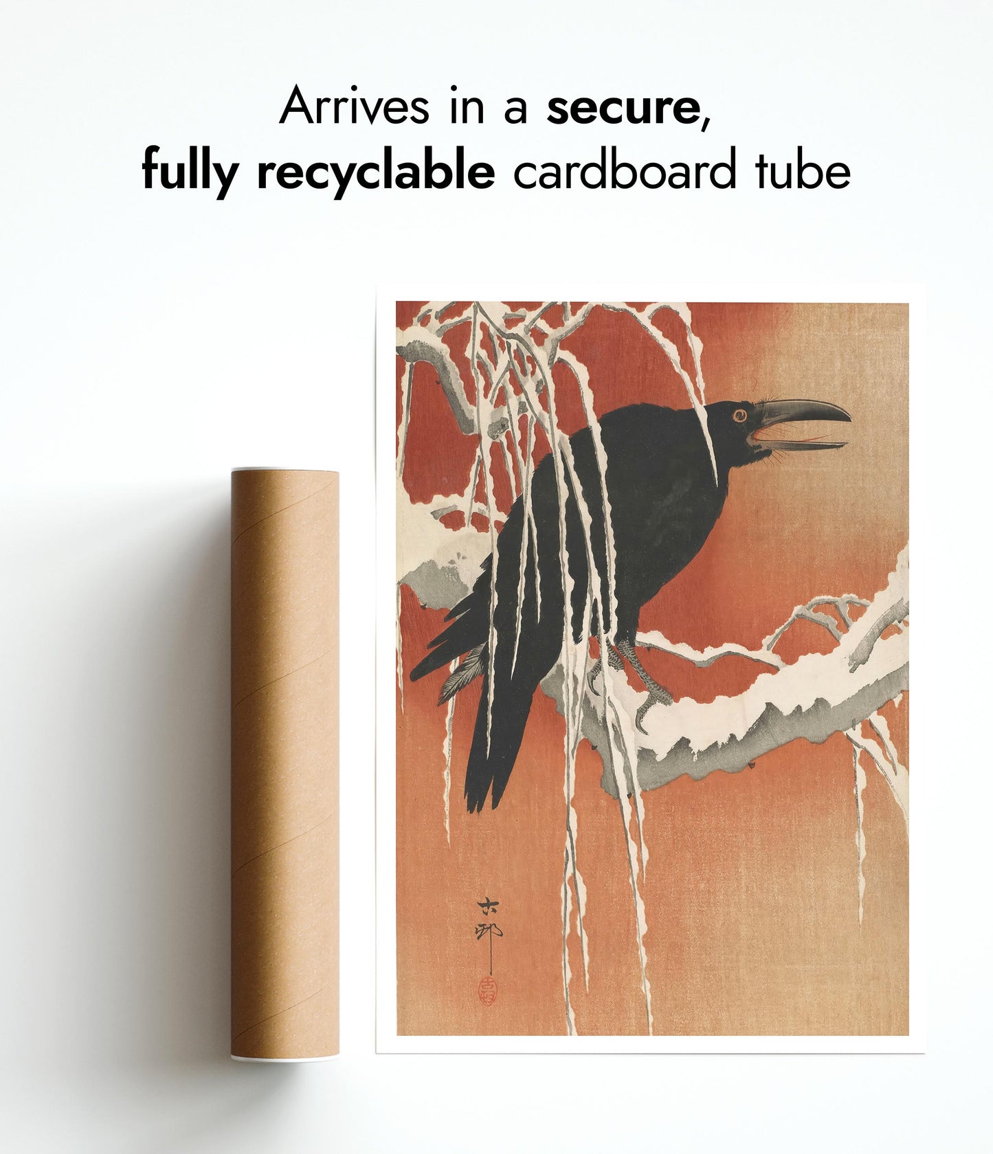 Crow on a Snowy Branch at Sunset