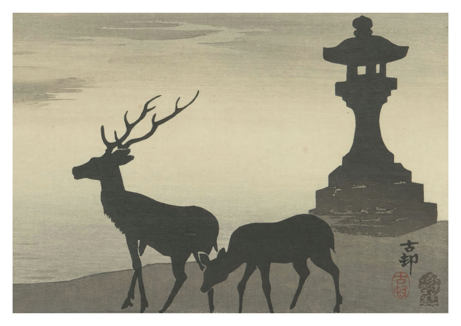 Gedesilhouetteerd paar herten bij Itsukushima - Print only