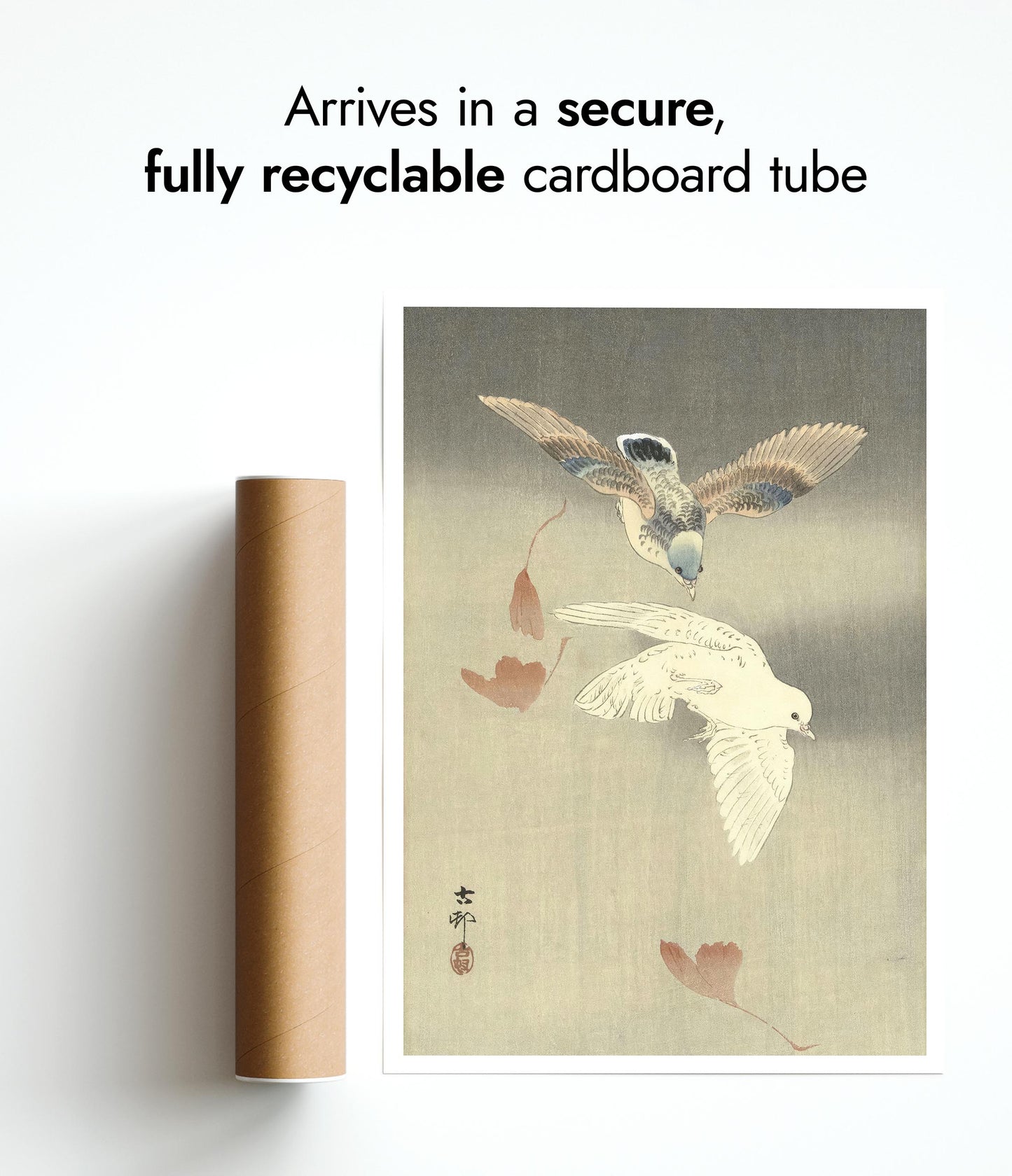 Zwei Tauben nahe fallender Ginkgoblätter