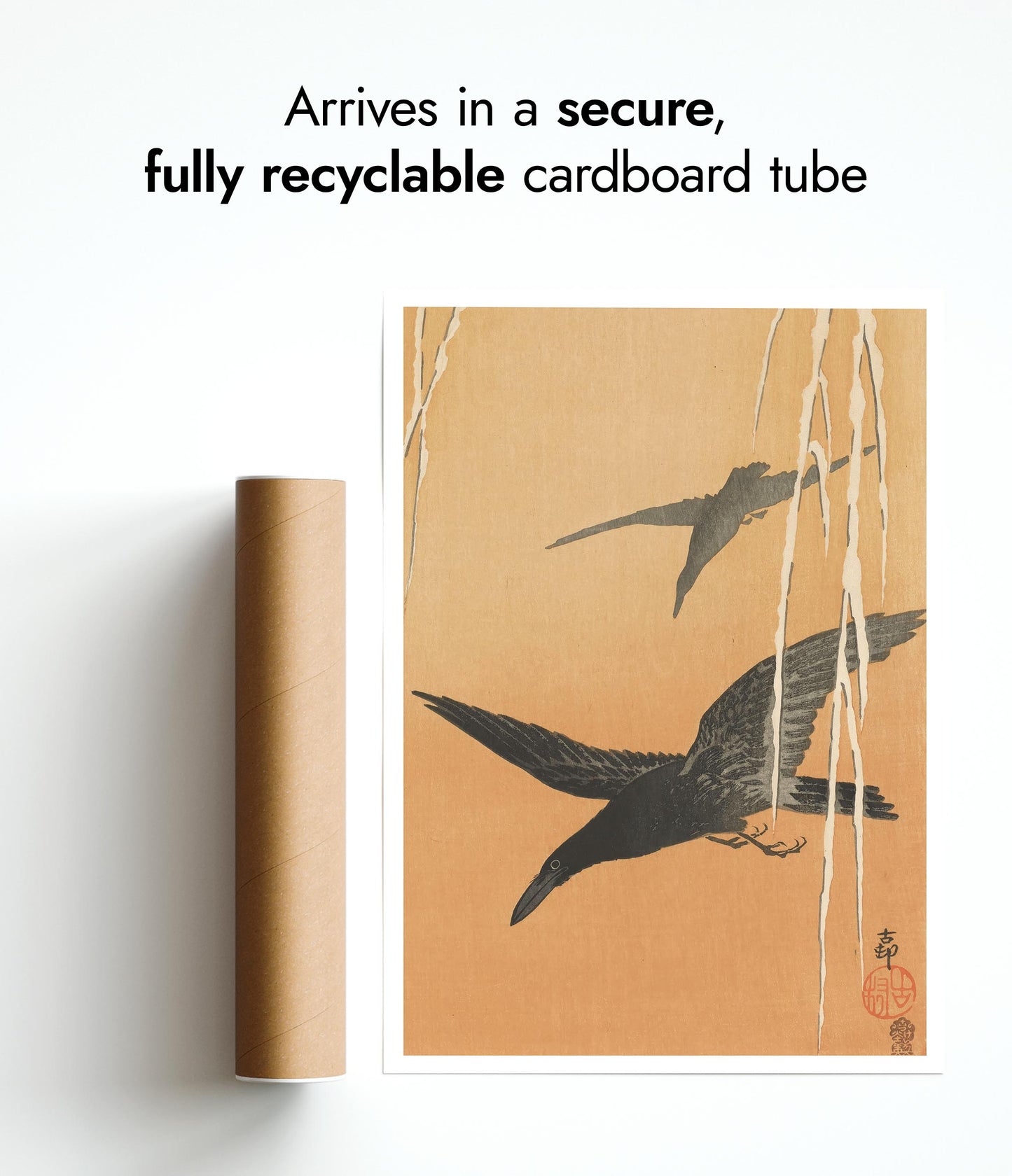 Two Crows in Flight & Snow-Covered Willow