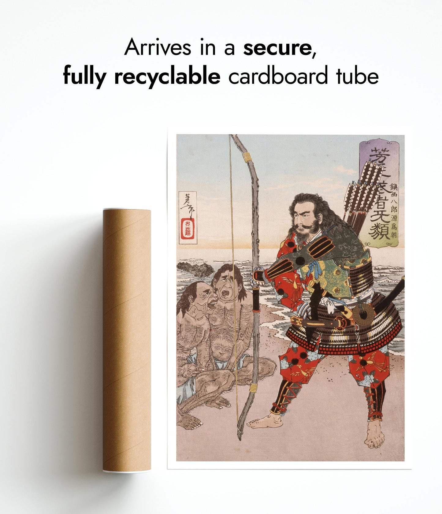 Chinzei Hachiro Tametomo med två öbor på stranden vid Ashijima