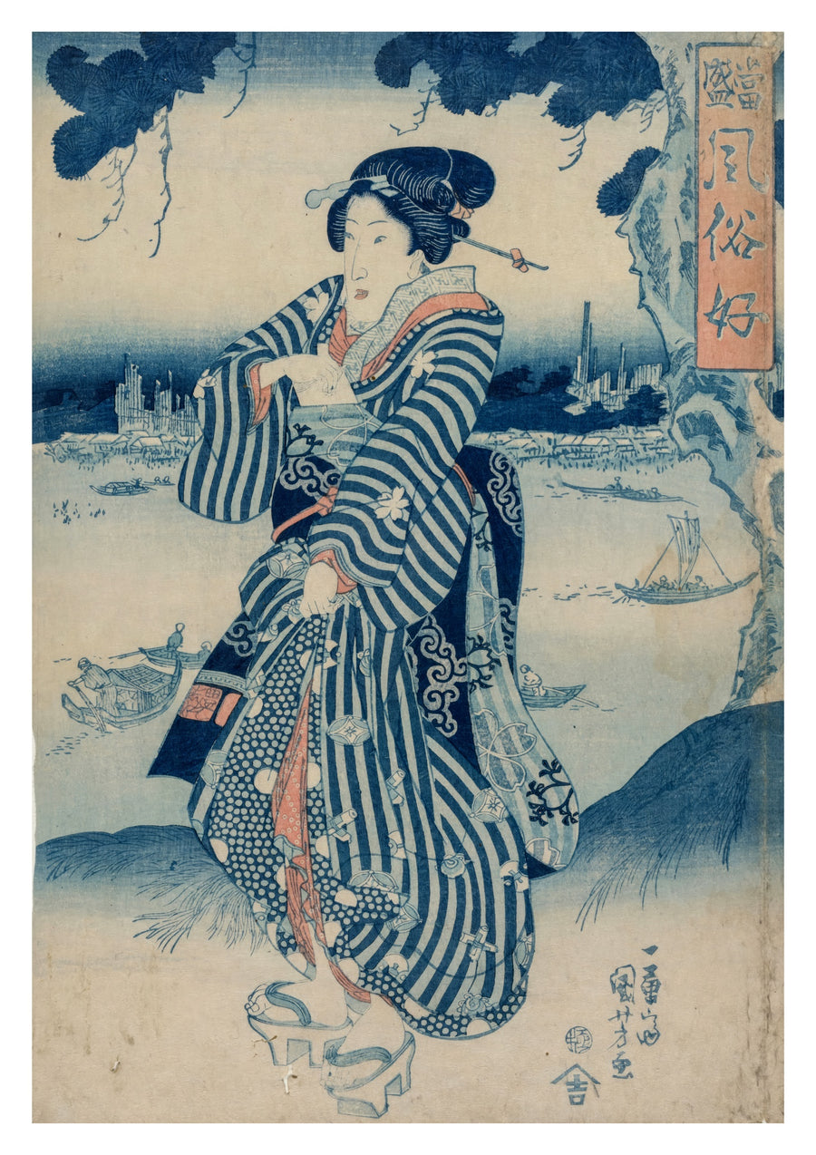 Geisha debout sur la rive de la rivière Sumida - Print only