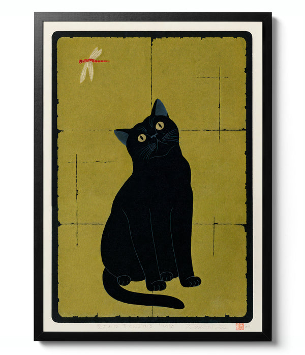 Black Cat with Dragonfly - Tadashige Nishida