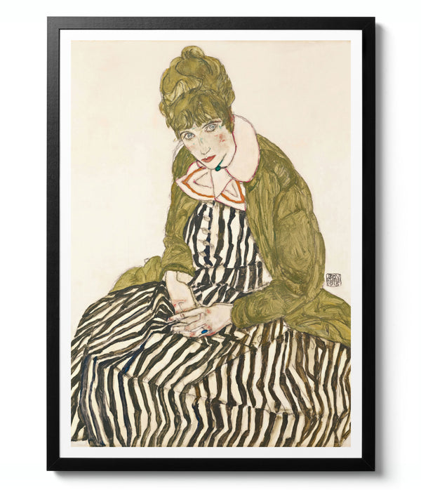 Edith with Striped Dress, Sitting - Egon Schiele