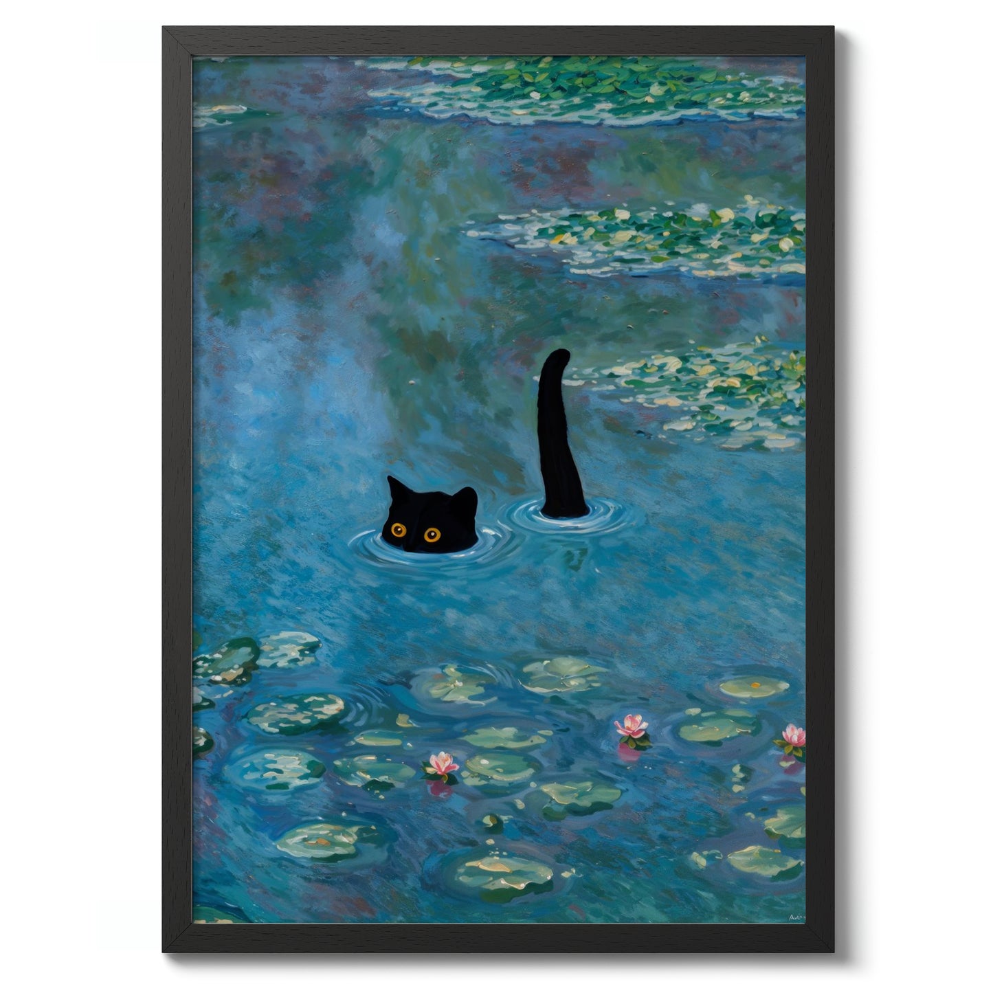 Svart katt bland näckrosor