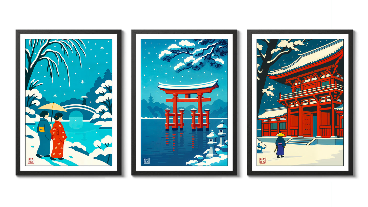 Japon en hiver, anime gravure sur bois