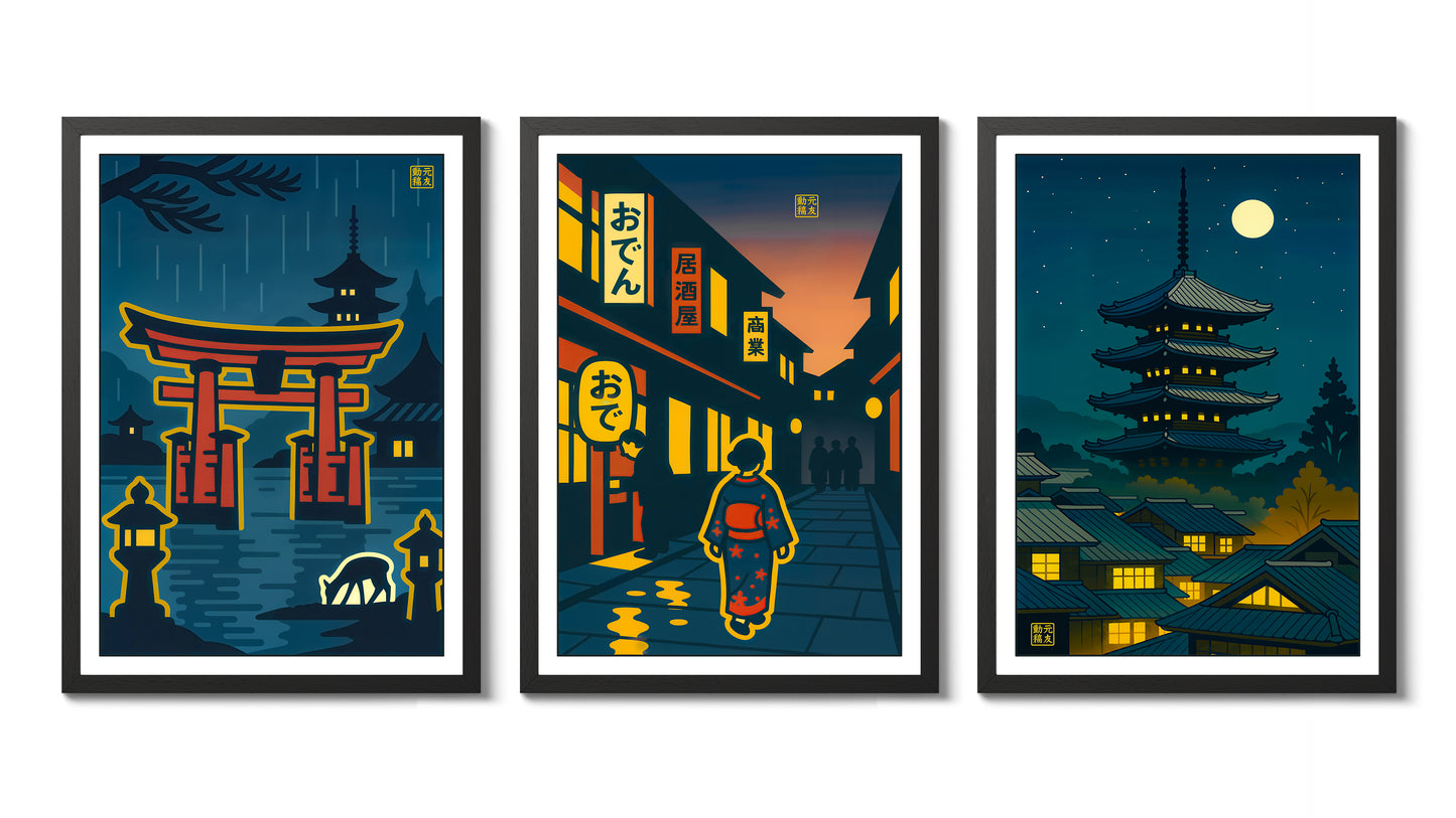 Japon de nuit, anime en estampe sur bois