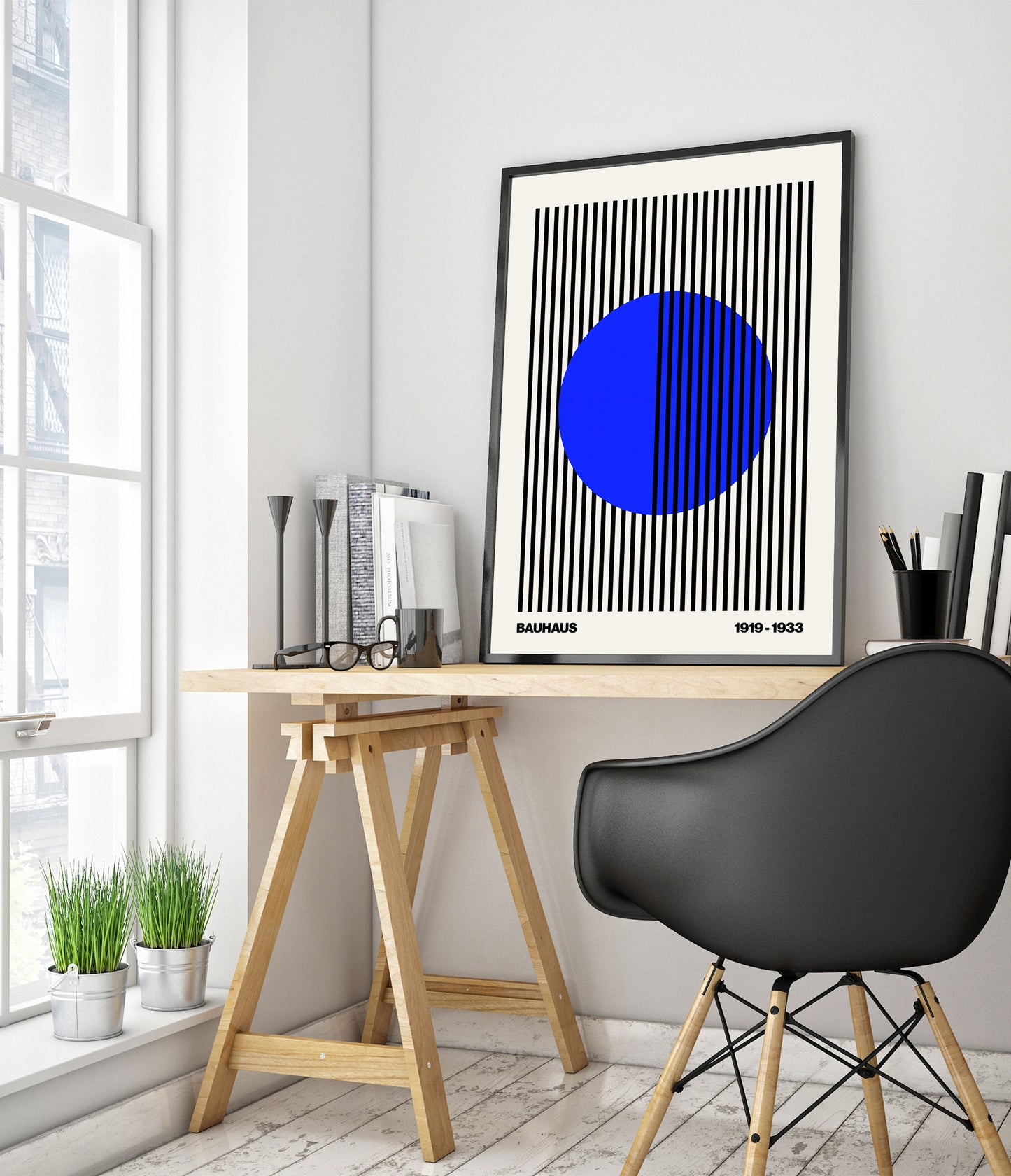 Cercle + Rayures, Bleu sur Blanc