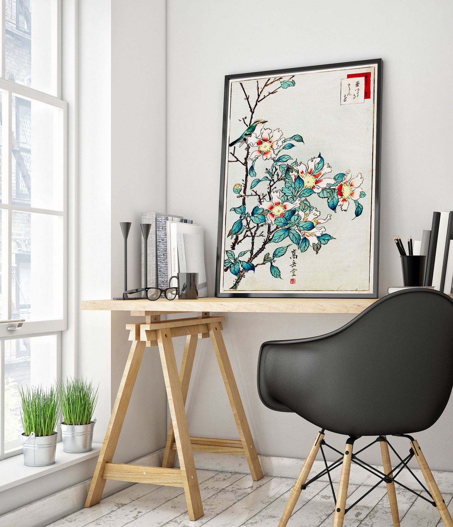 Blue Bird and Pink Flowers