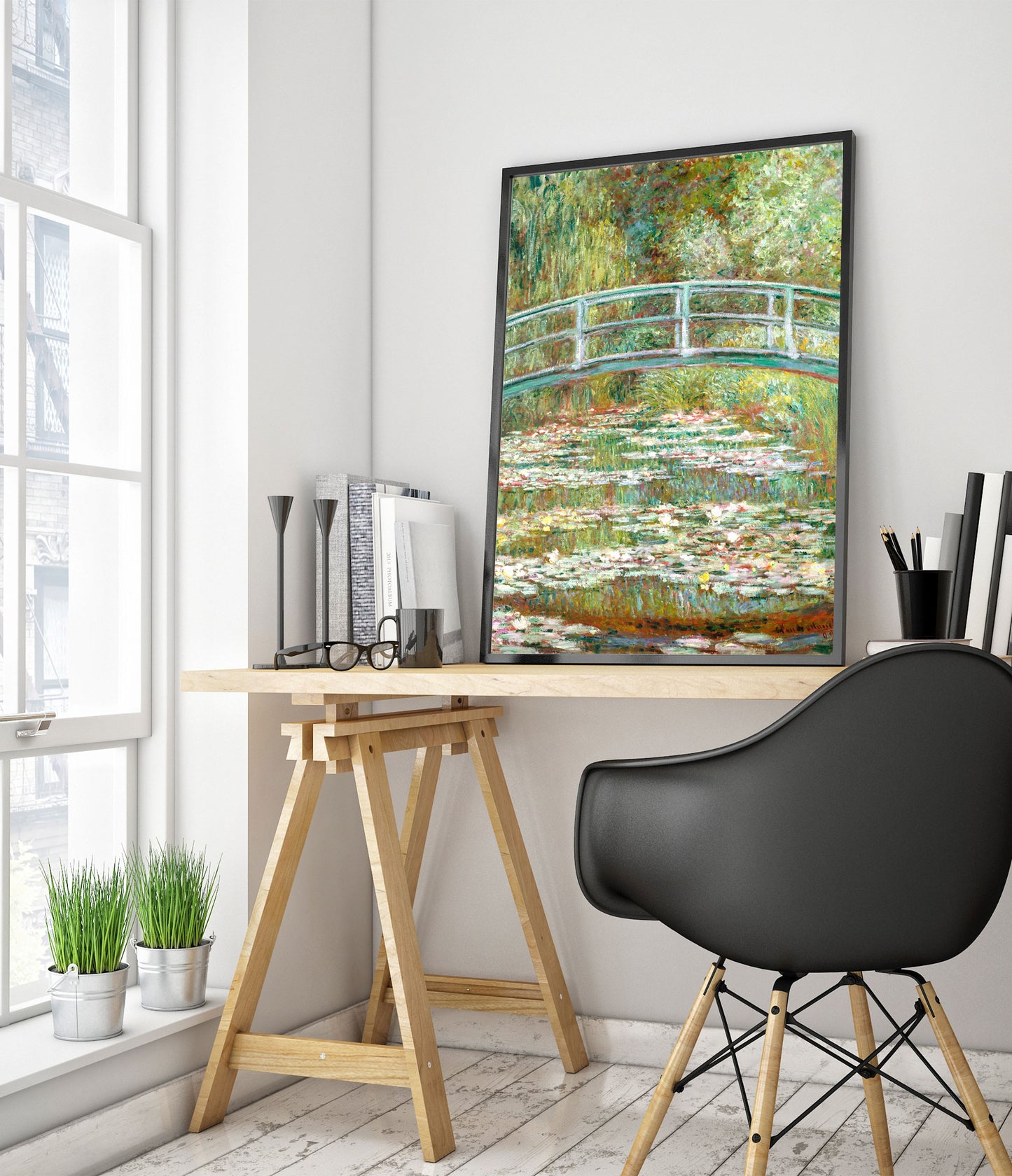 Brug over een vijver met waterlelies