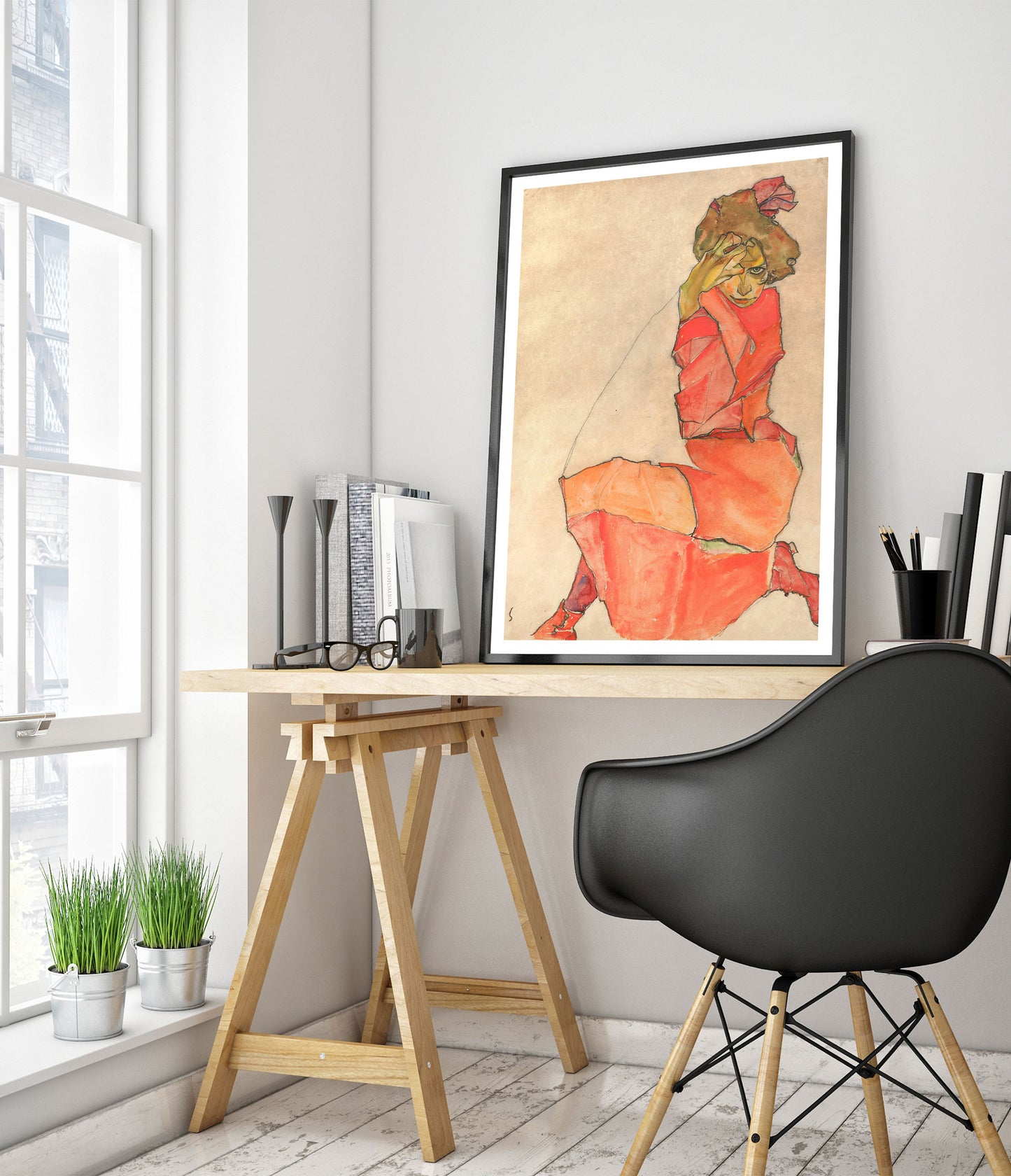 Kneeling Female in Orange-Red Dress