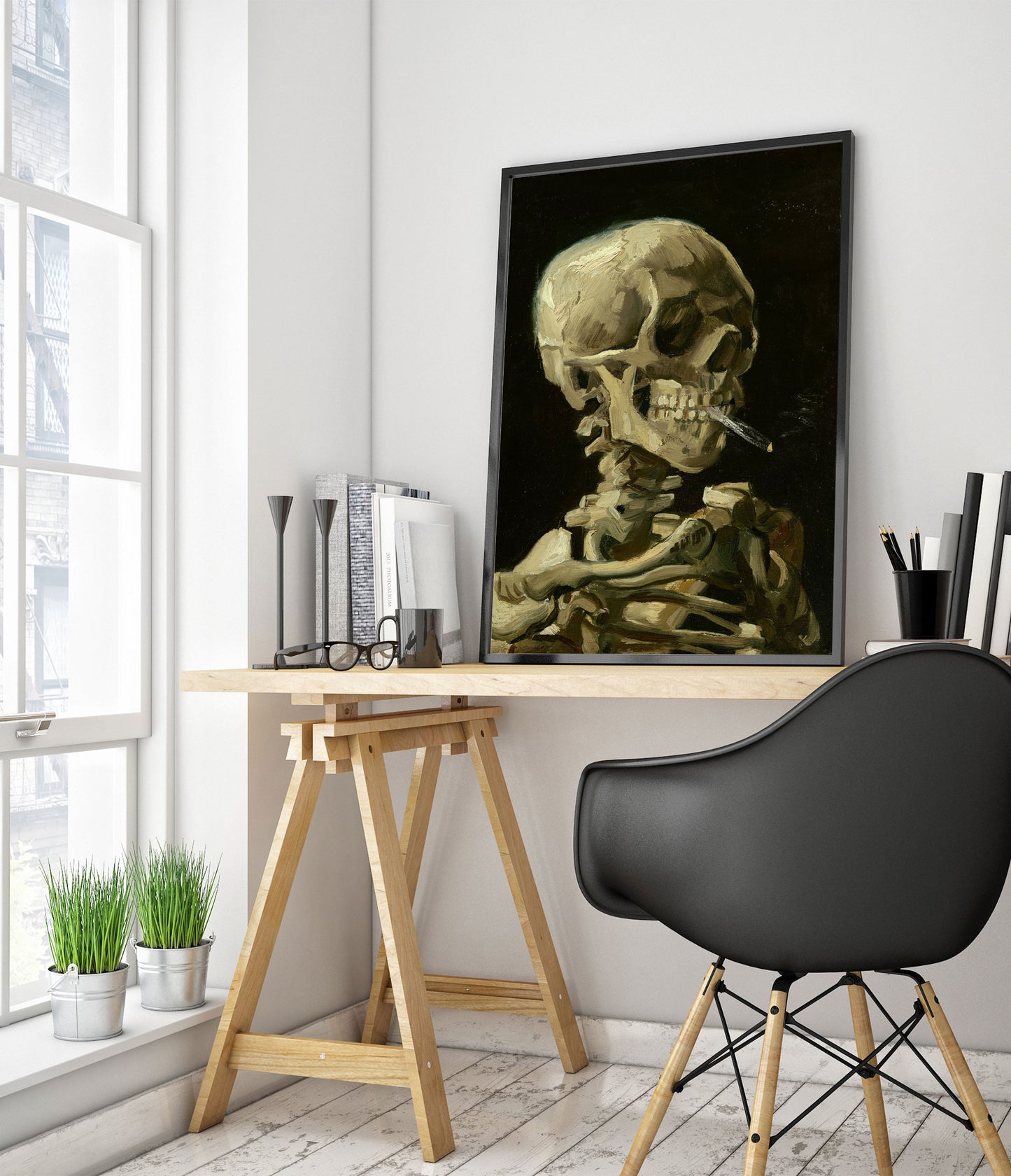 Skull of a Skeleton with Burning Cigarette