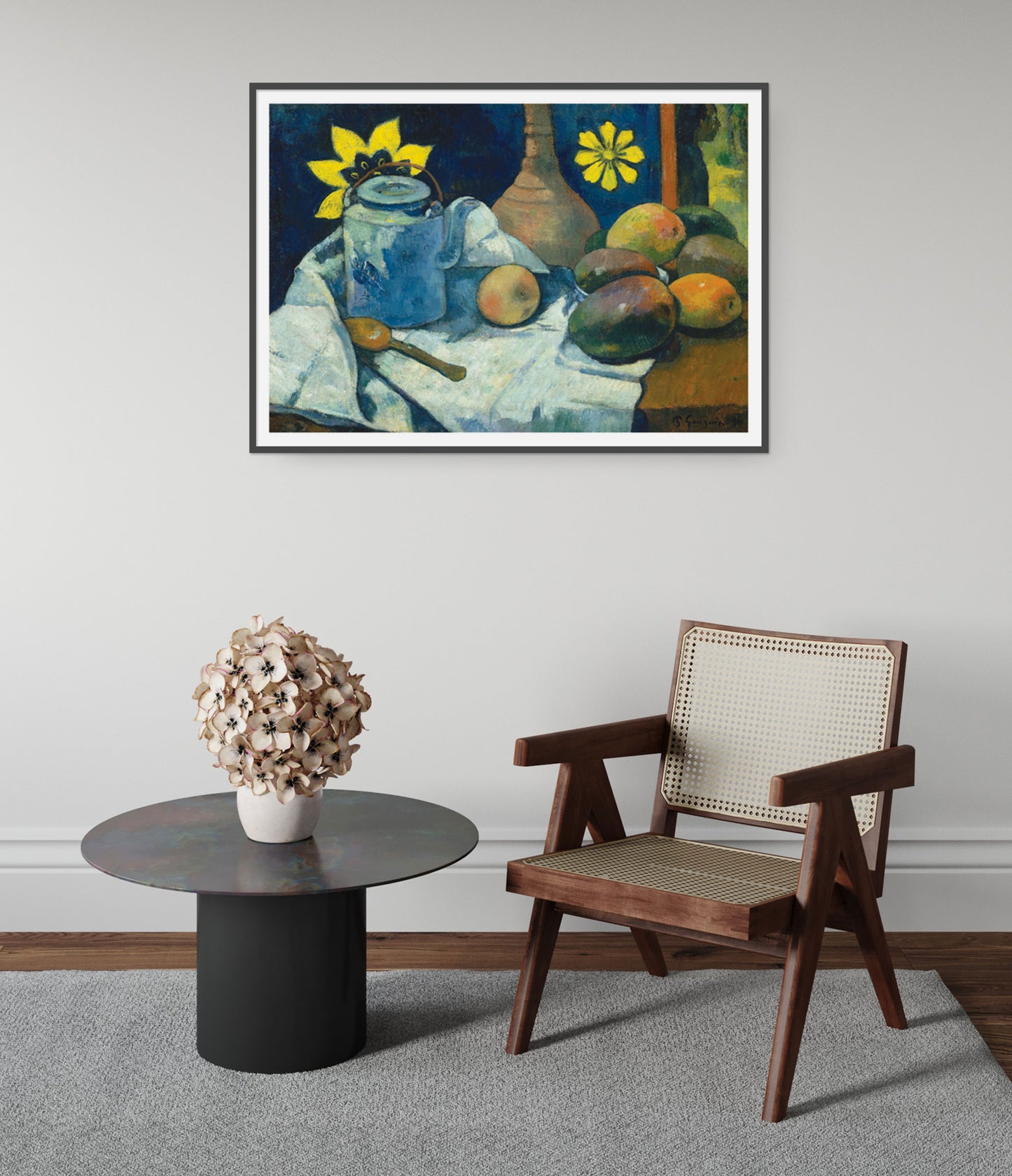 Stilleben med tekanna och frukt