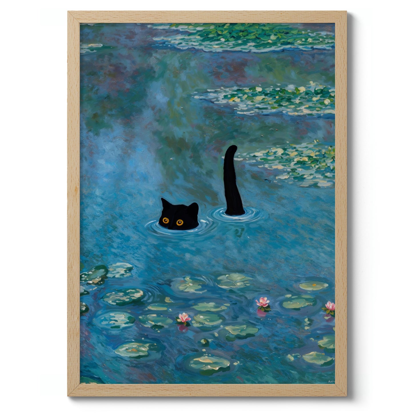 Svart katt bland näckrosor