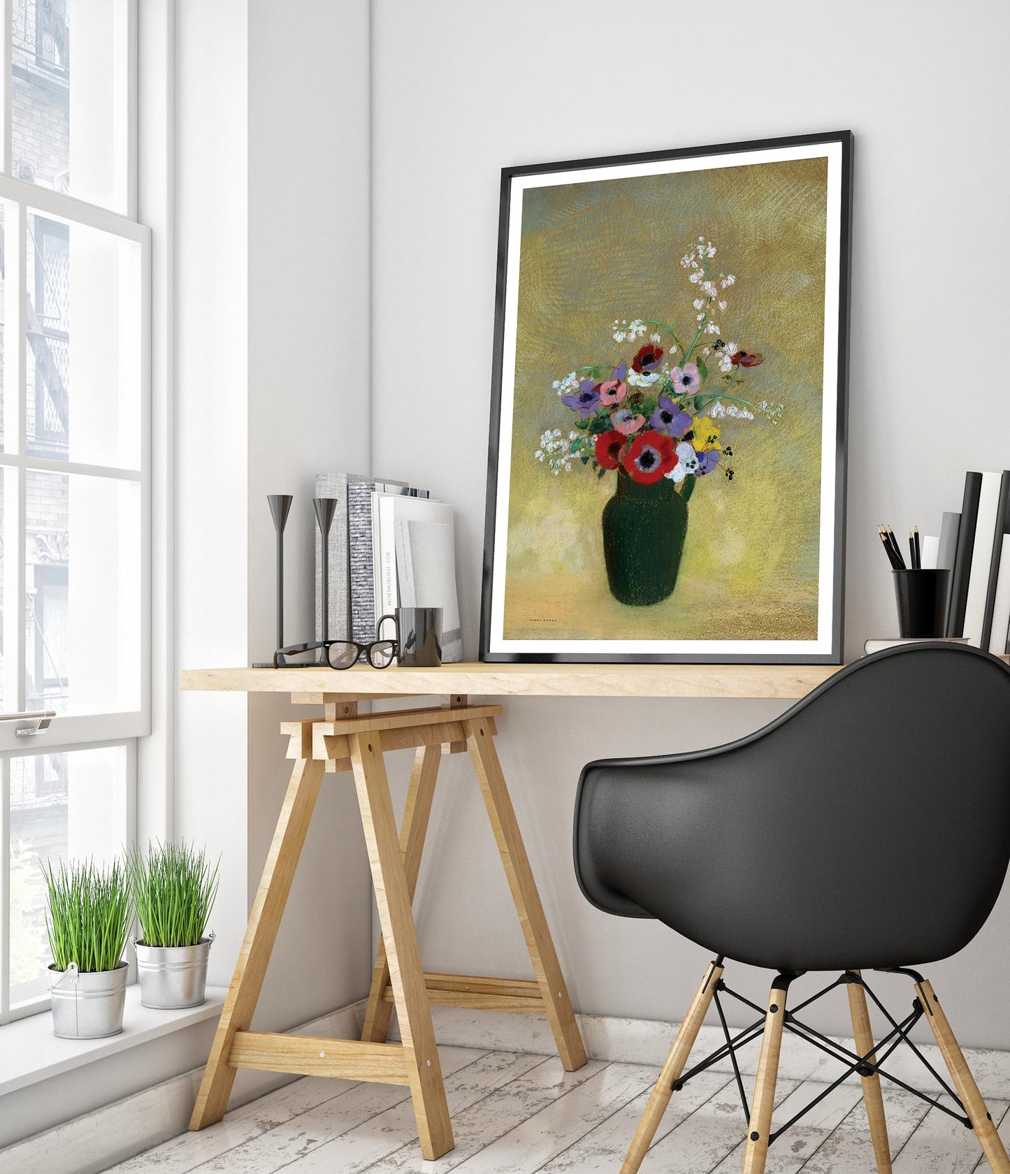 Large Green Vase with Mixed Flowers