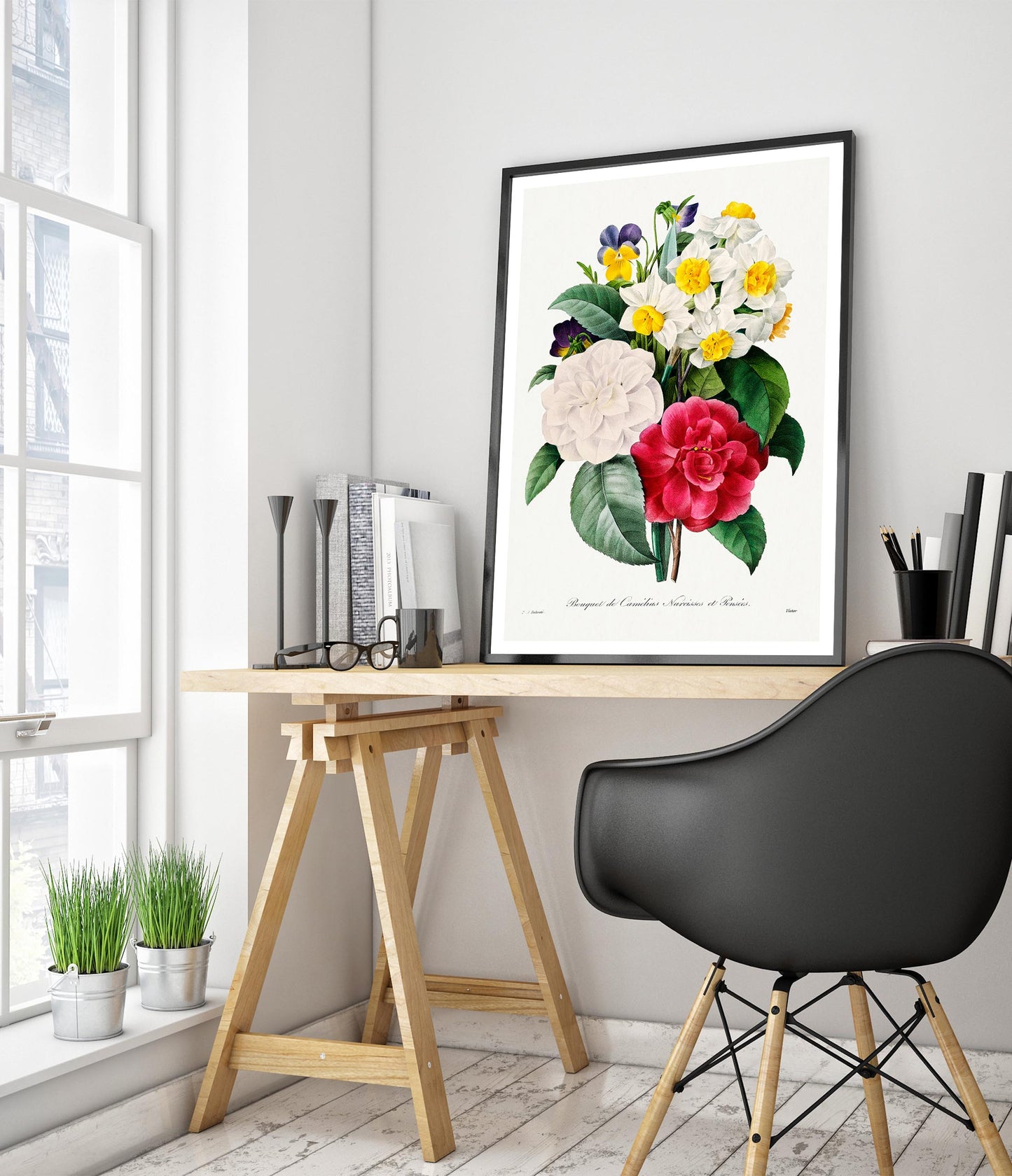 Kamelien- und Stiefmütterchenstrauß