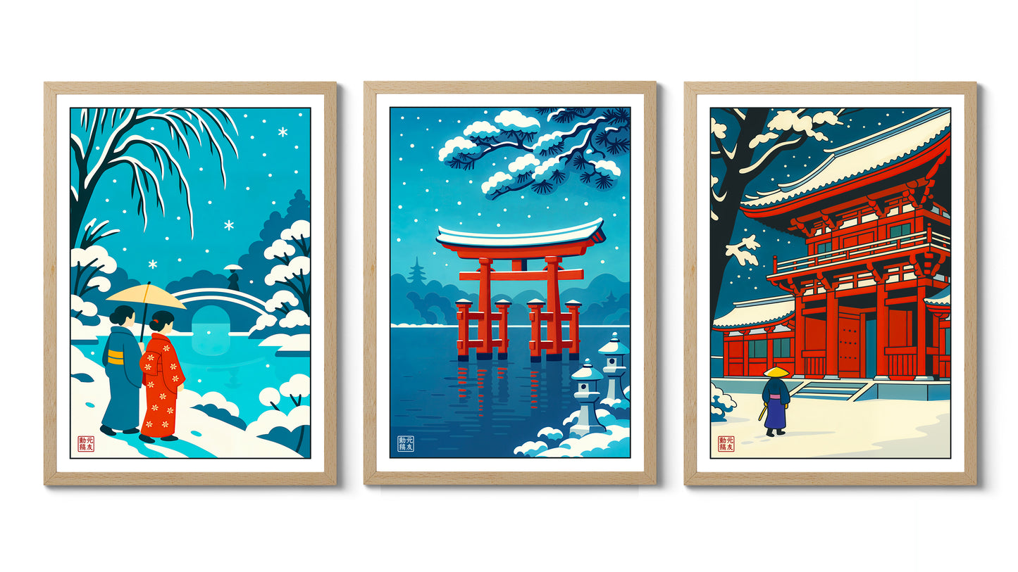 Japon en hiver, anime gravure sur bois