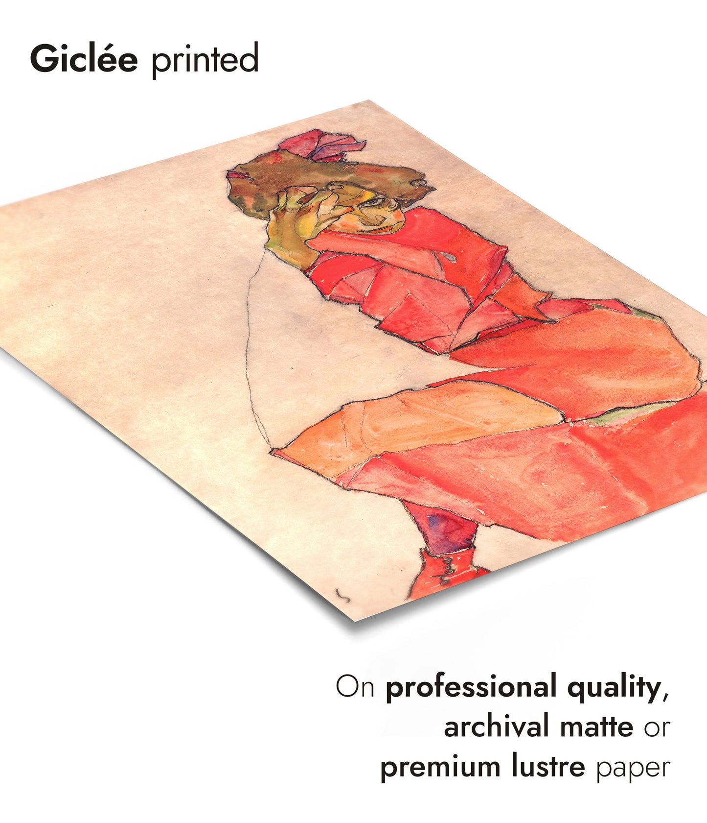 Knäböjande kvinna i orange-röd klänning