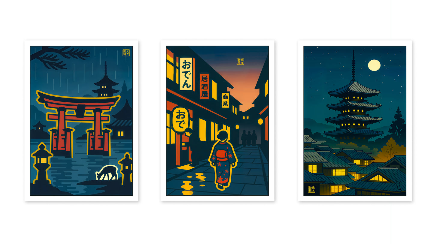 Japon de nuit, anime en estampe sur bois