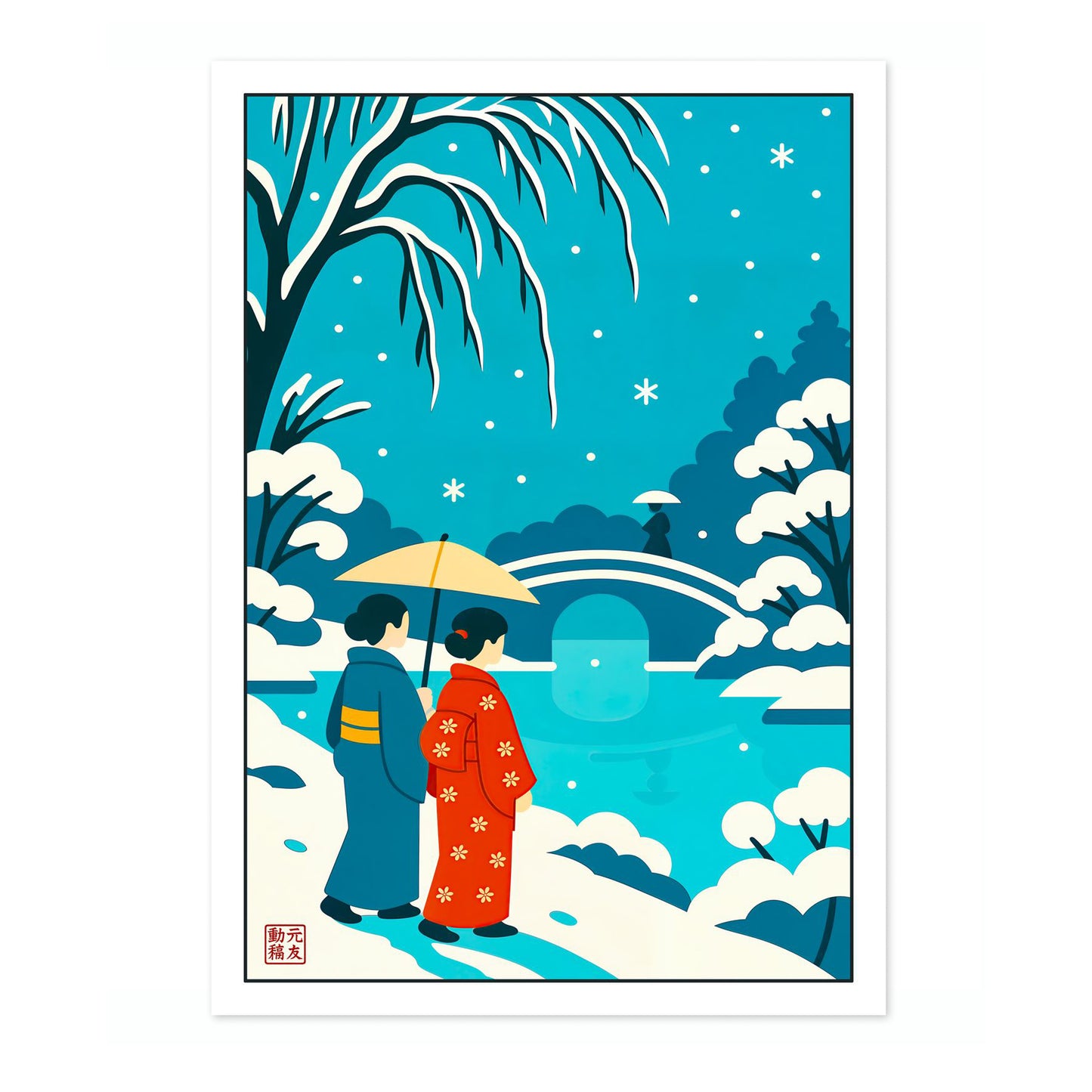 Kimonos at the Bridge in the Snow