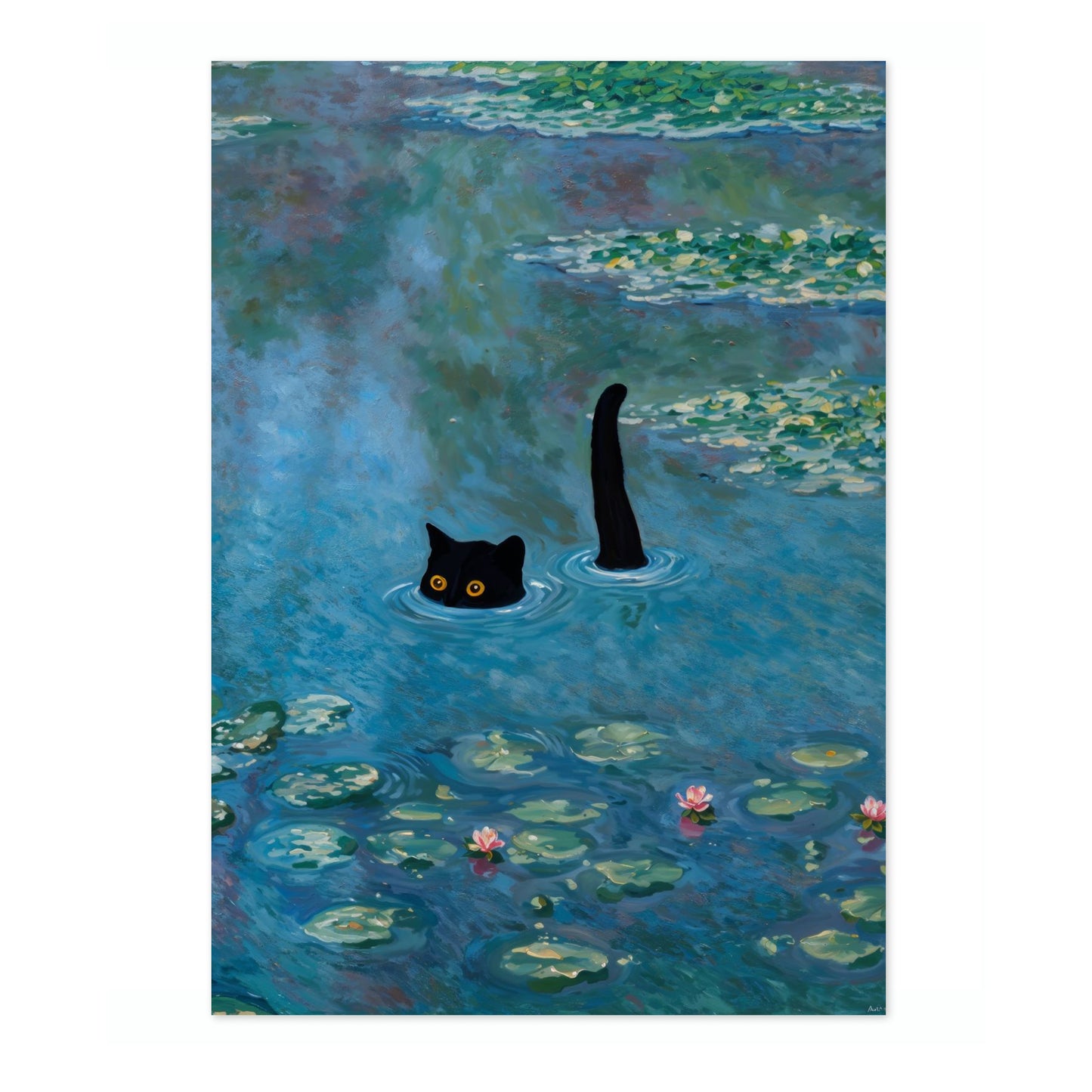 Svart katt bland näckrosor