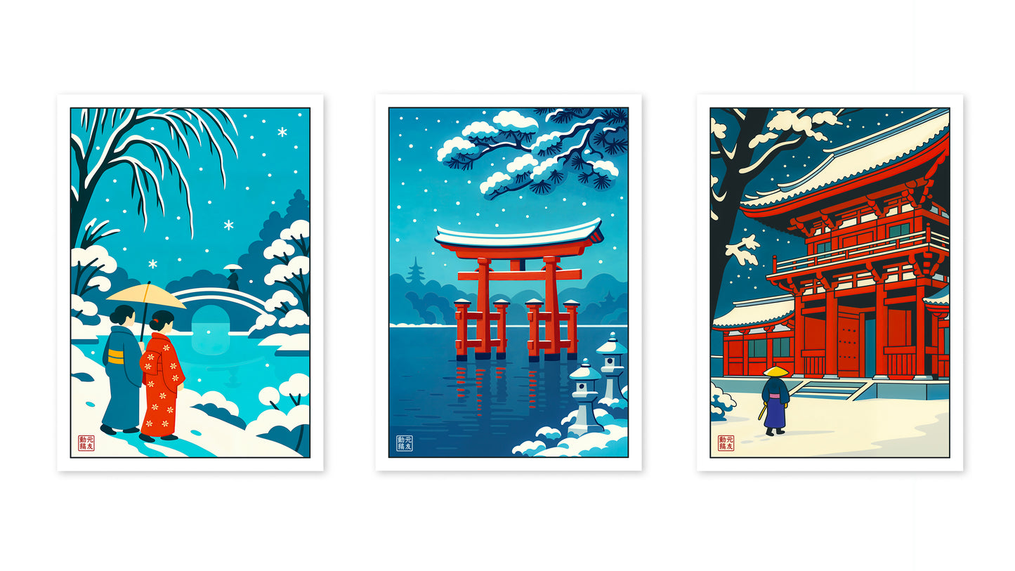 Japon en hiver, anime gravure sur bois