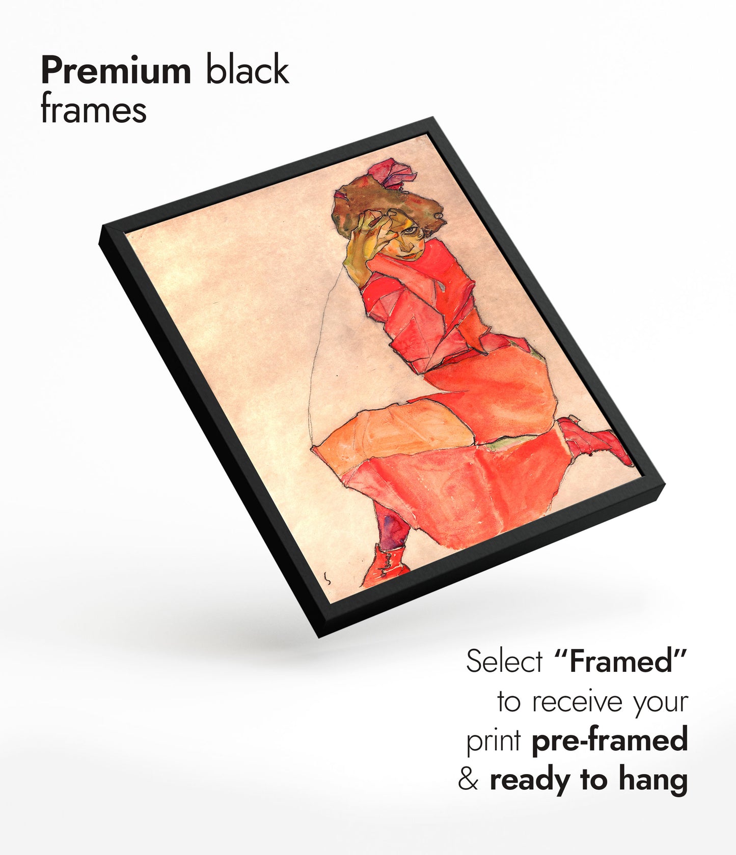 Knäböjande kvinna i orange-röd klänning