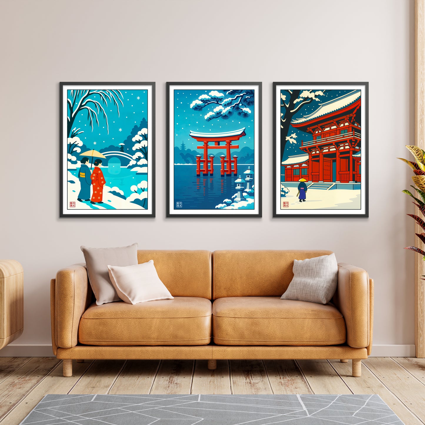 Japon en hiver, anime gravure sur bois
