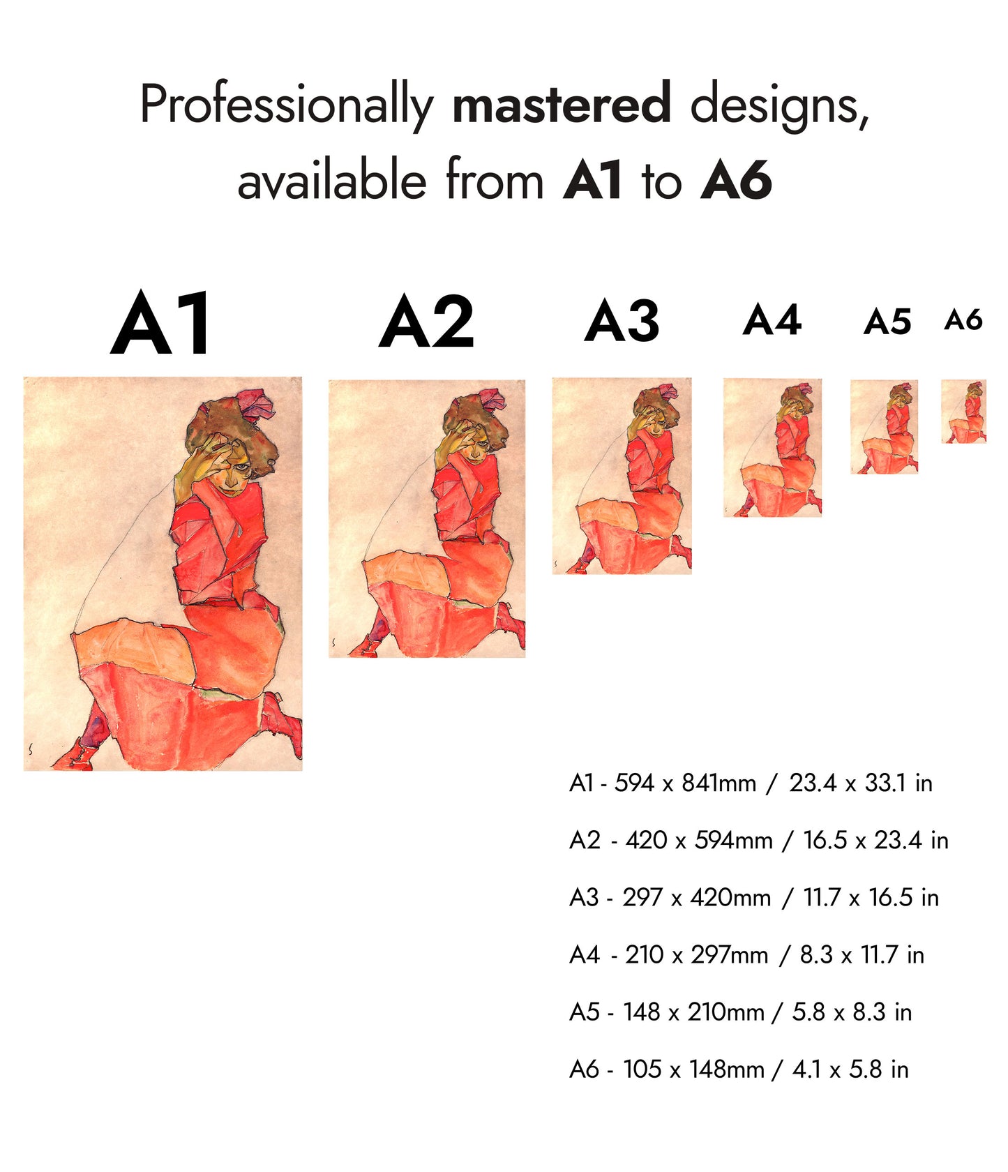 Knäböjande kvinna i orange-röd klänning