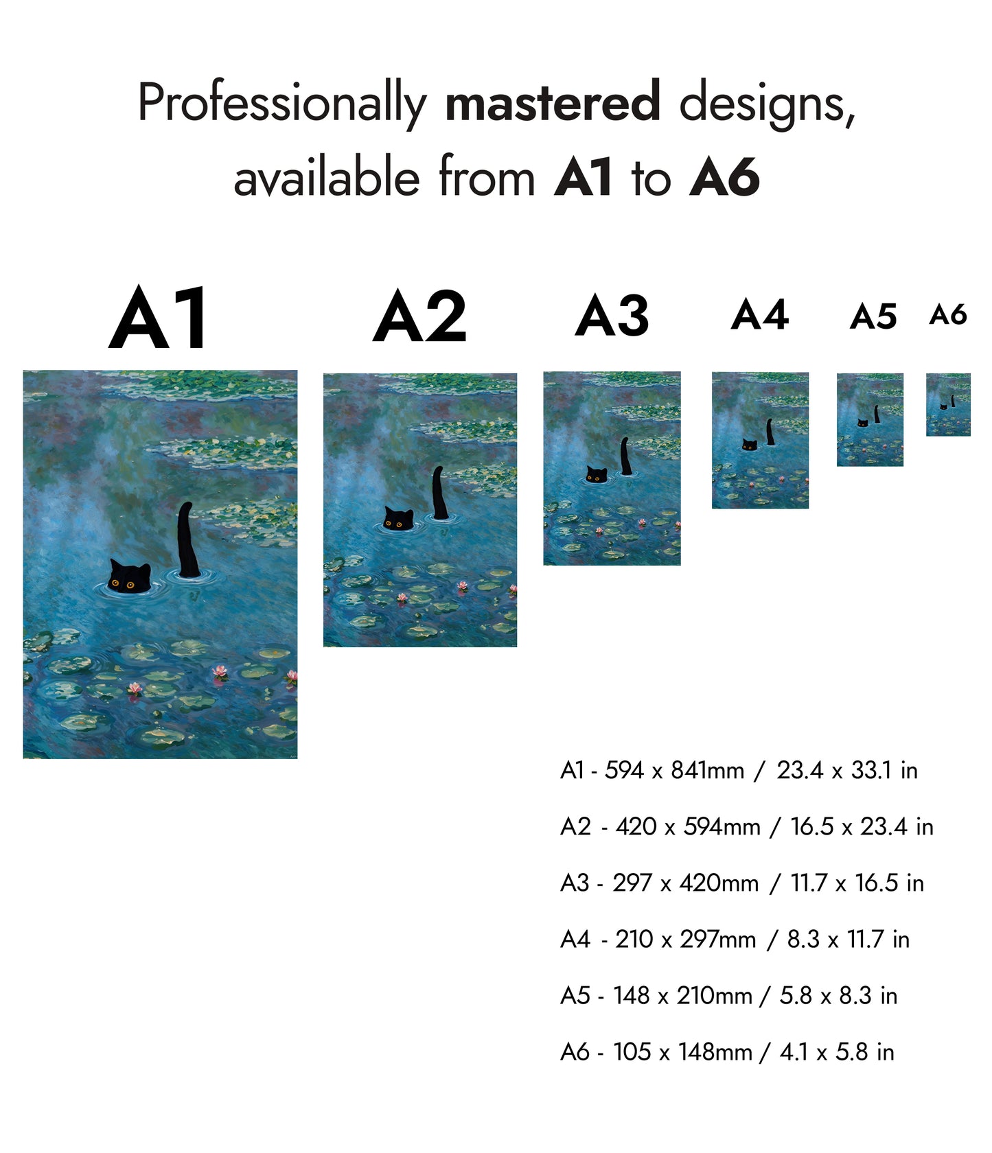 Svart katt bland näckrosor