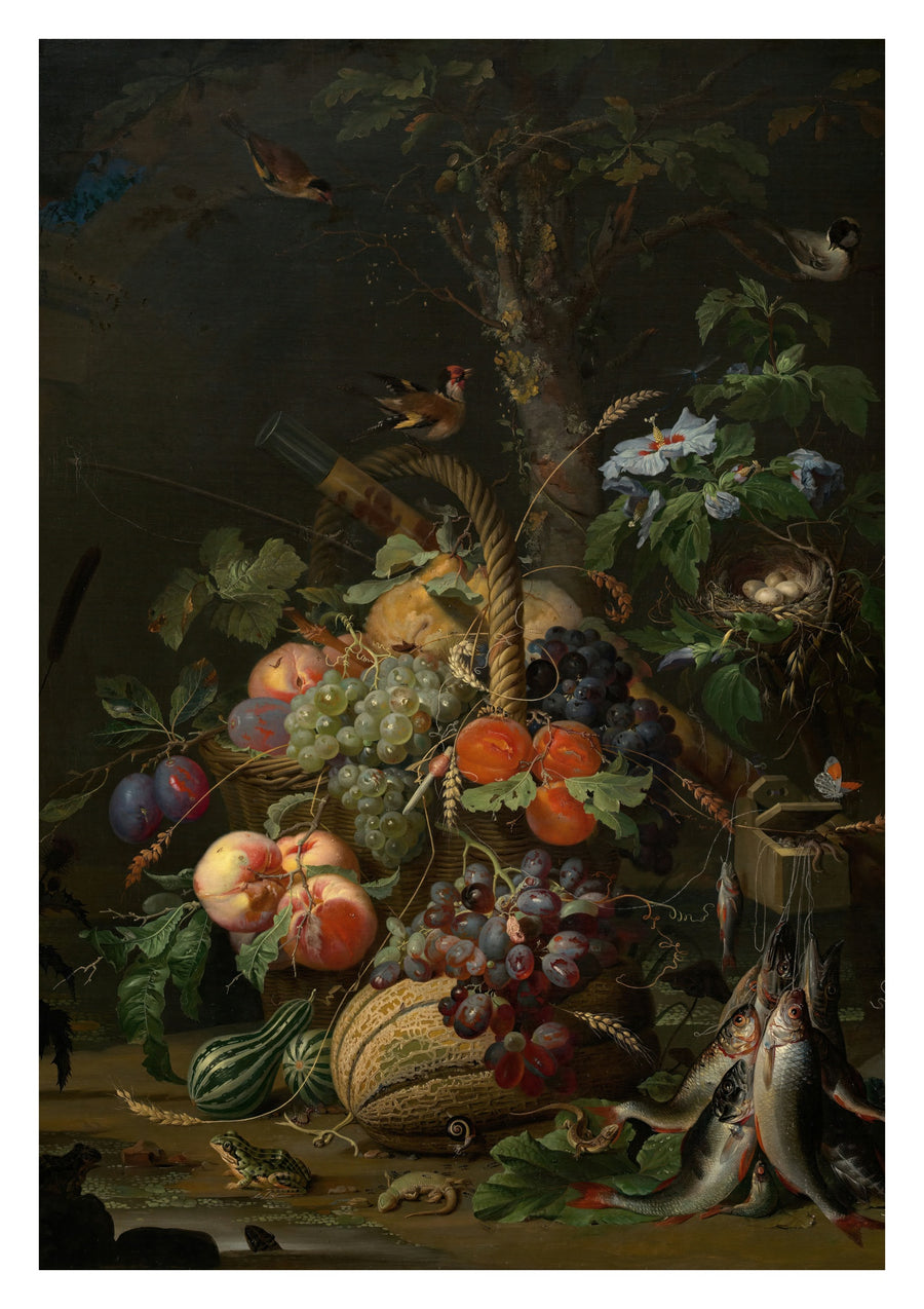 Stillleben mit Obst, Fisch und einem Nest - Print Only frame