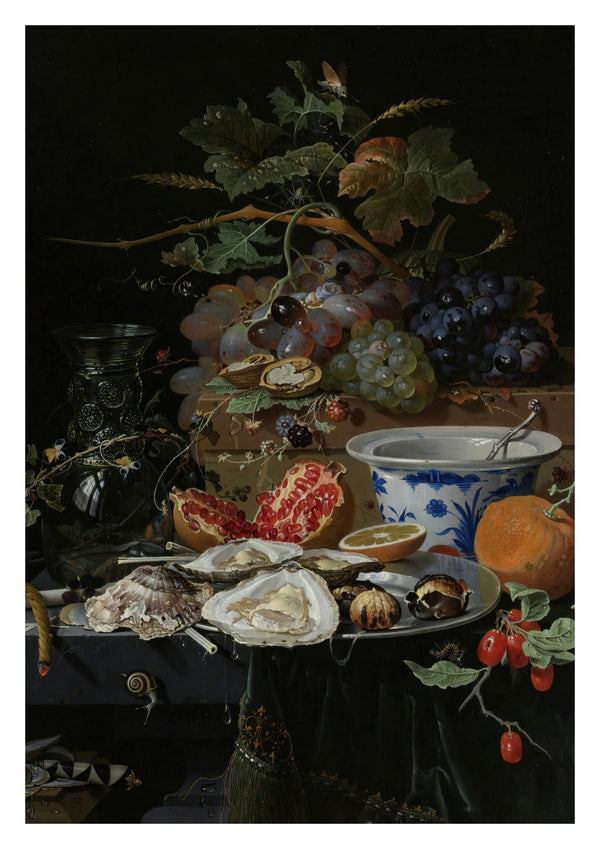 Stilleven met fruit, oesters en een porseleinen kom