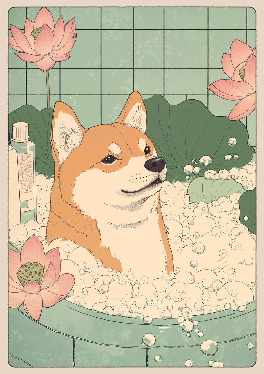 Shiba Inu Bathtime - Print Only frame
