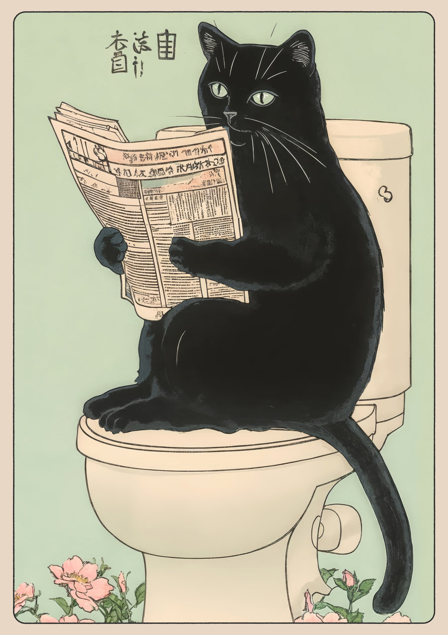 Chat noir sur les toilettes - Print Only frame