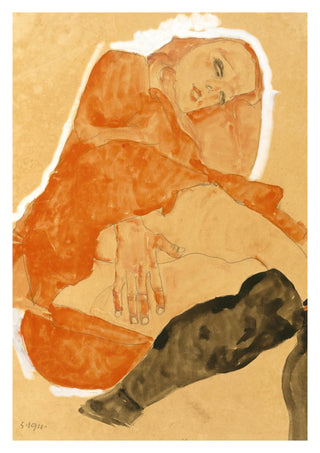 Girl in Red Robe and Black Stockings print