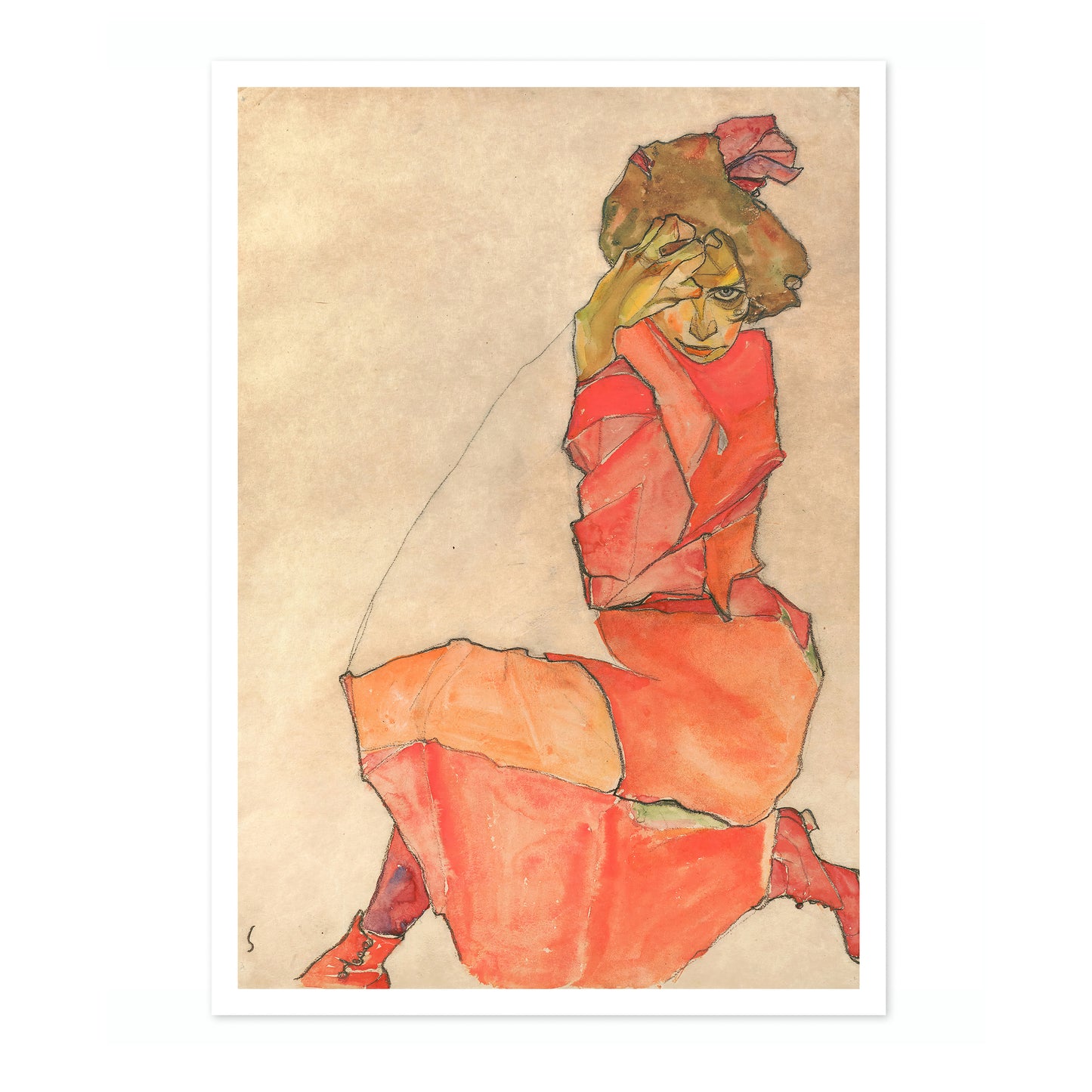 Kneeling Female in Orange-Red Dress
