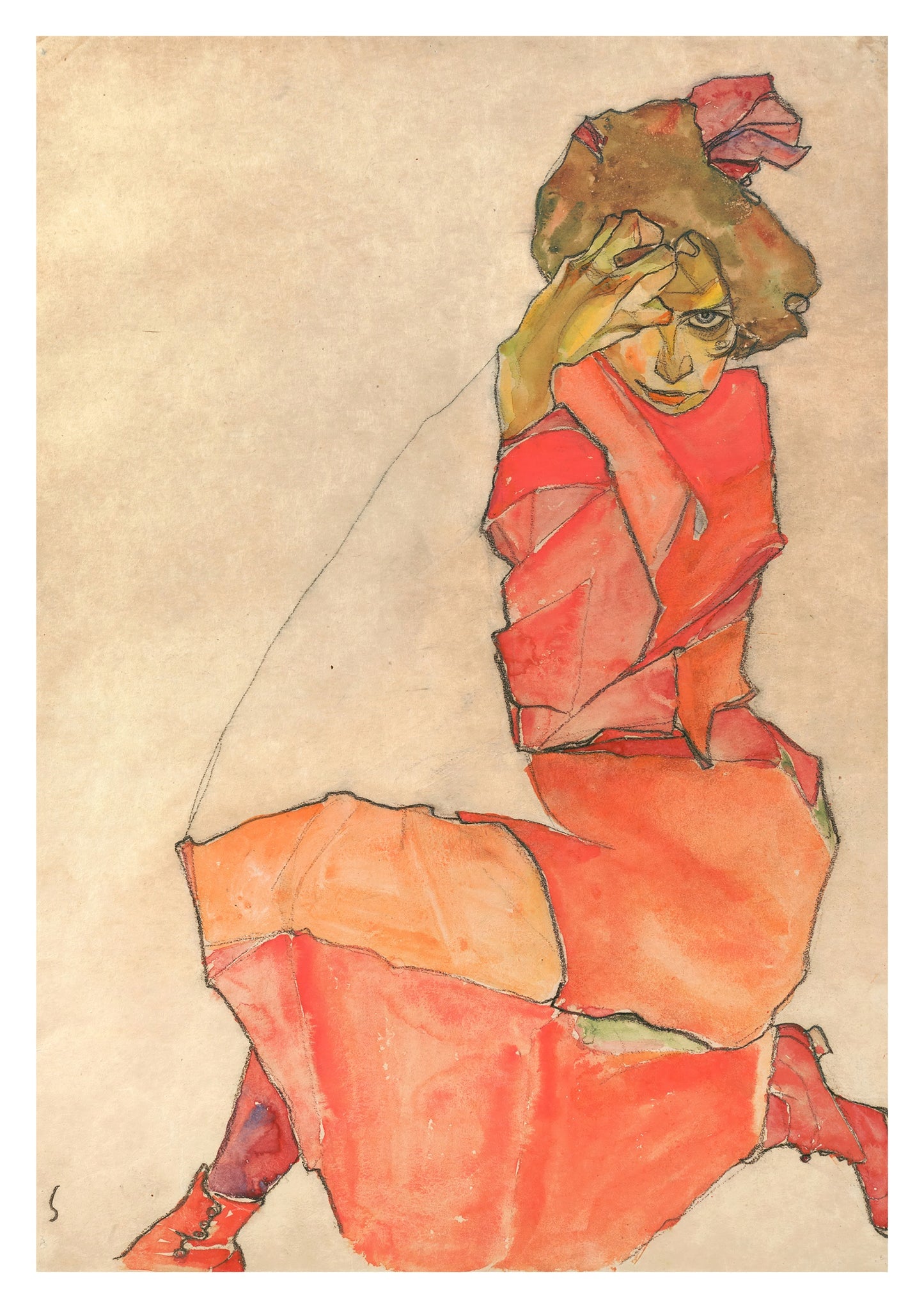 Kneeling Female in Orange-Red Dress