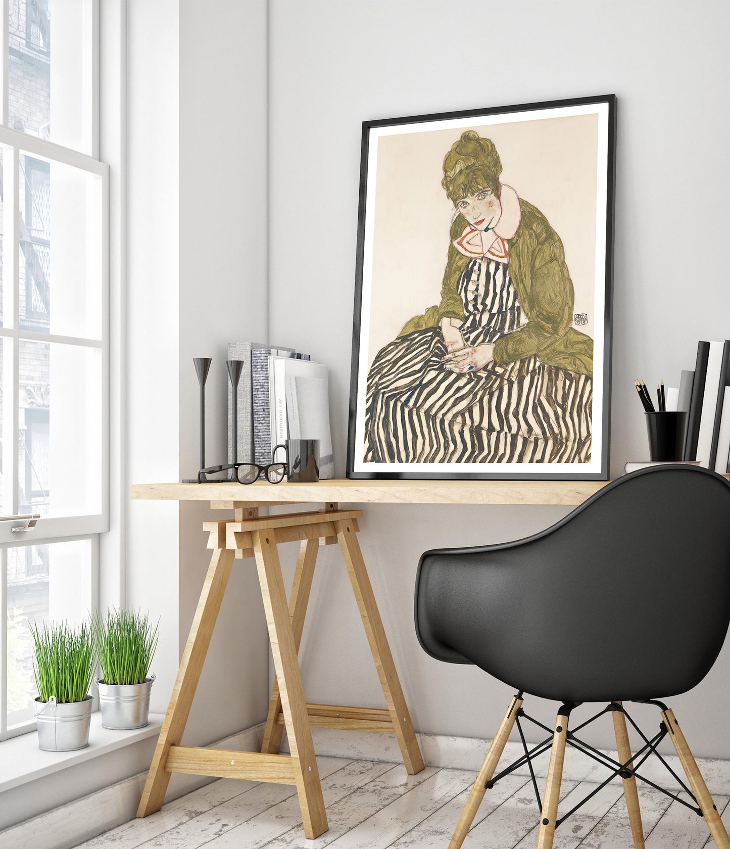 Edith Schiele in a Striped Dress, Seated